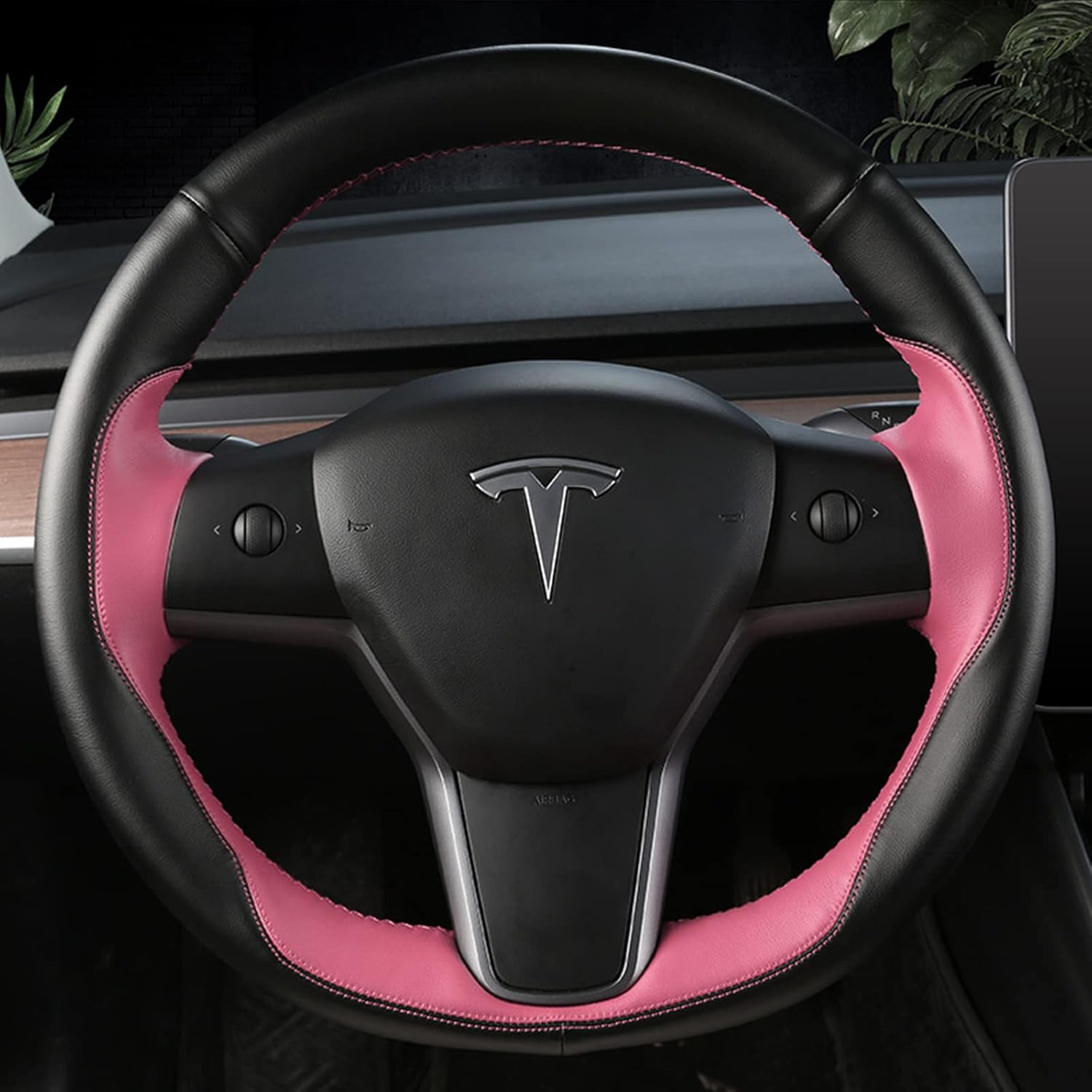 Tesla Steering Wheel Cover Microfiber Leather Hand-Stitched for Tesla Model 3/Model Y (Black-Pink) image number 5