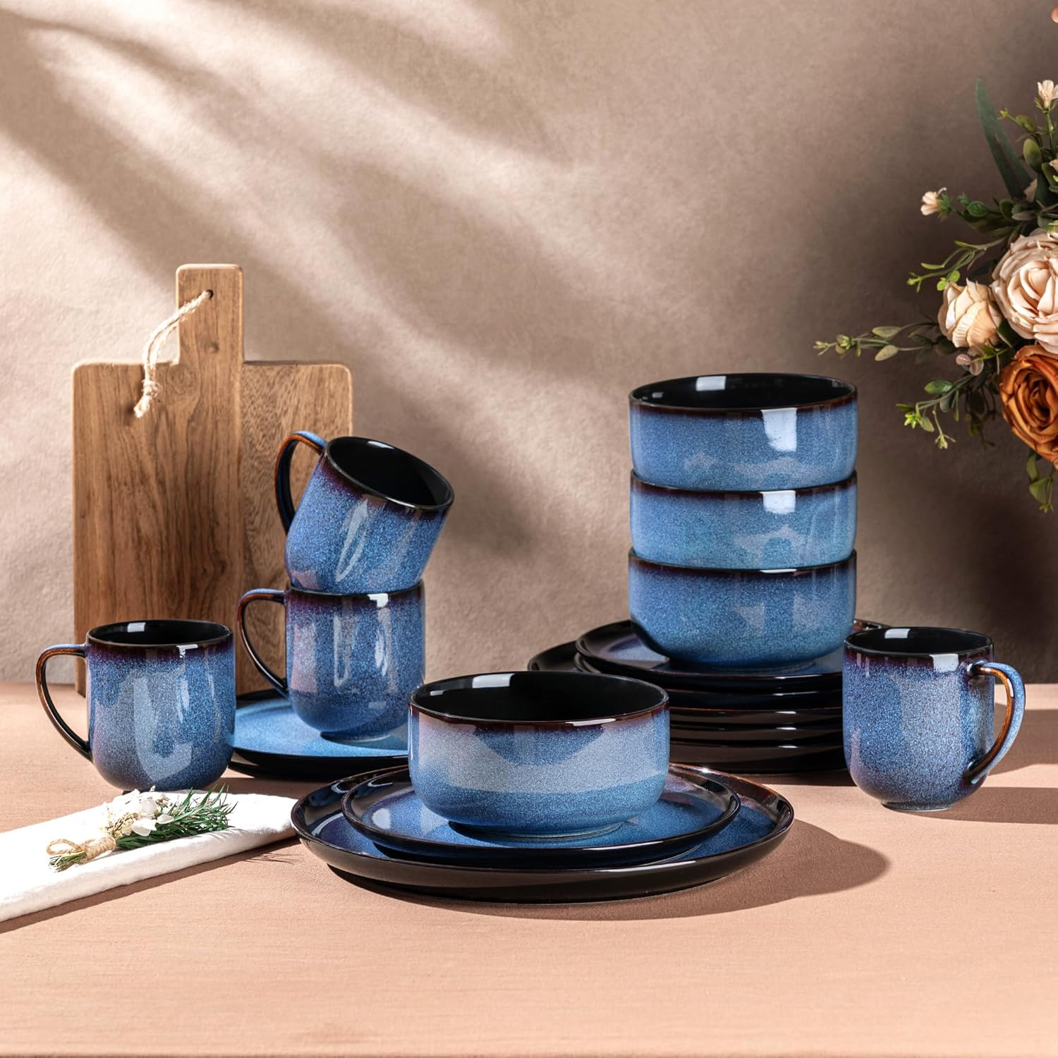 LERATIO Ceramic Dinnerware Sets for 4,16-Piecereactive Glaze Plates and Bowls Set with Mugs,Highly Chip and Crack Resistant | Dishwasher,Microwave & Oven Safe Dishes Set-Blue image number 7