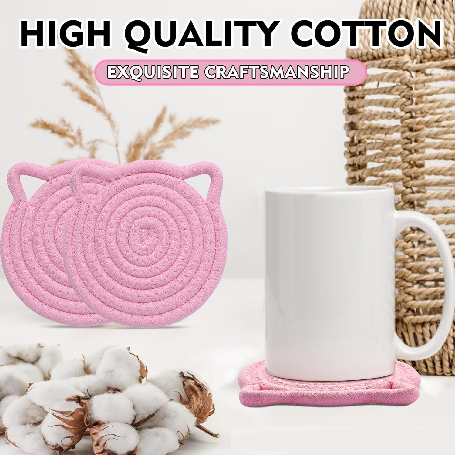 Cute Coasters for Drinks Set of 2 Color, Absorbent Handmade Fabric Drink Coasters for Coffee & Tea -Home D&eacute;cor Extra Large 4.8 In* 8Mm, Protect the Wooden Table Surface (2 Pack-Cat-Blush Pink) - Cat Blush Pink image number 6