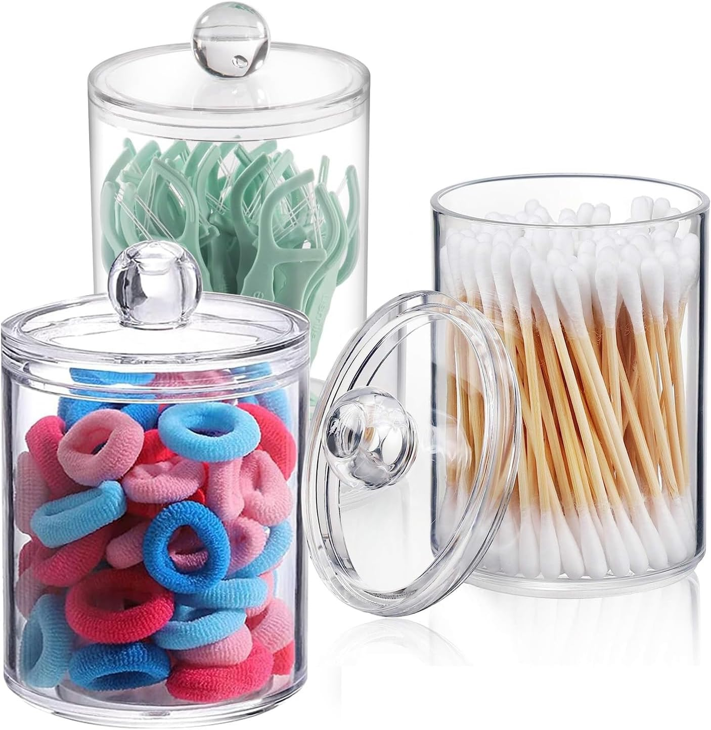 3 Pack Qtip Holder,Apothecary Jars Cotton Ball Holder Dispenser,Bathroom Jars with Lids Set for Cotton round Swab,10Oz Clear Plastic Canisters Restroom Bedroom Vanity Organizer image number 6