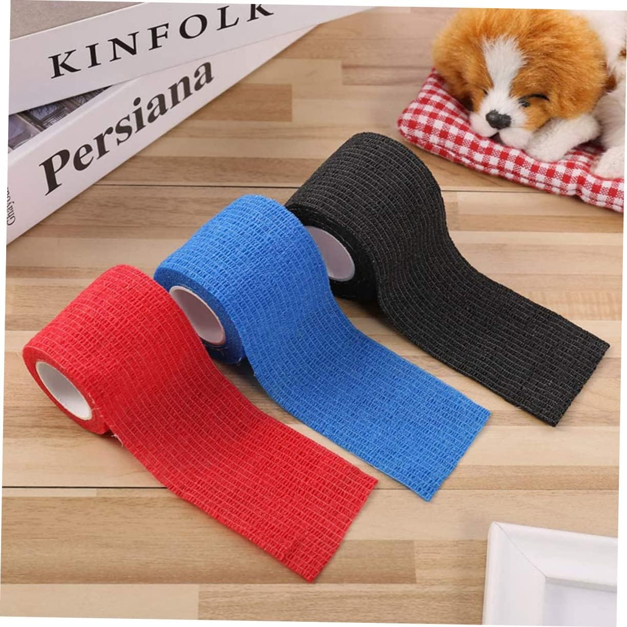 KOMBIUDA 3Pcs Non-Woven Self-Adhesive Elastic Wrap for Pets Compression Tape First Aid 5Cm X 4.5M Black Blue Red