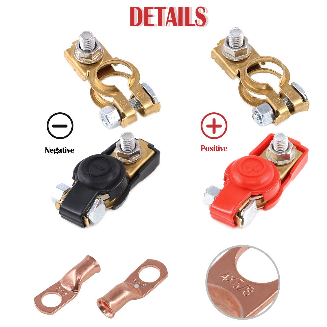 Hilitchi 1 Pair Car Battery Terminal Connectors Clamp and 6 Pcs Wire Lugs Battery Cable Ends Copper Eyelets Negative and Positive Top Post Copper Corrosion Resistance for Car Van and More image number 1