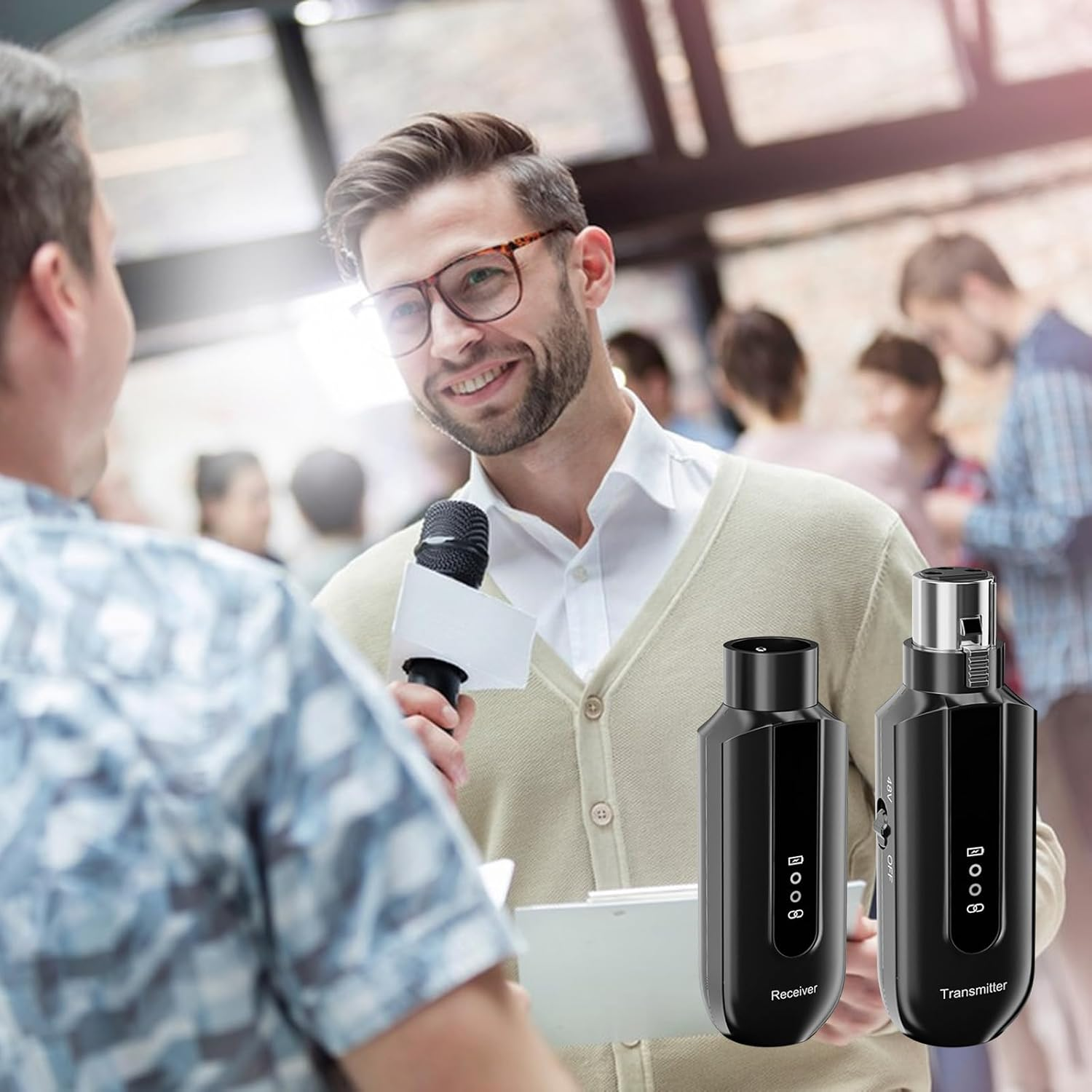 2.4G XLR Wireless Microphone Transmitter Receiver, Wireless Mic Audio System Support 48V Phantom Power USB Charging Microphone Adapter for Public Speaking Singing image number 3