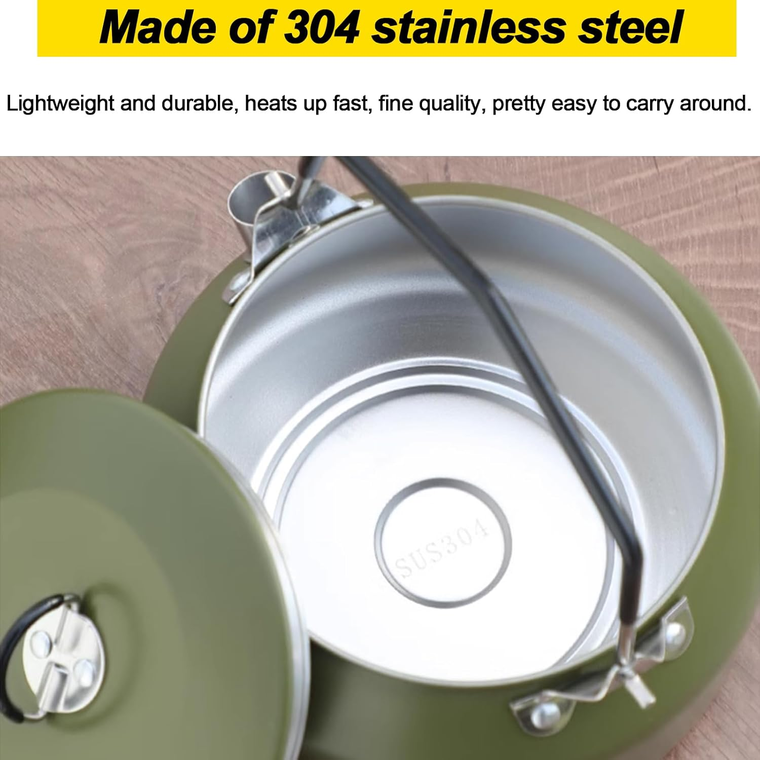 Camping Kettle Camp Tea Coffee Pot, 1L Stainless Steel Outdoor Campfire Camp Kettle, Portable Lightweight Teapot Fast Heating Boiling Water, Ideal for Hiking Picnic Travel, Green - Black image number 5