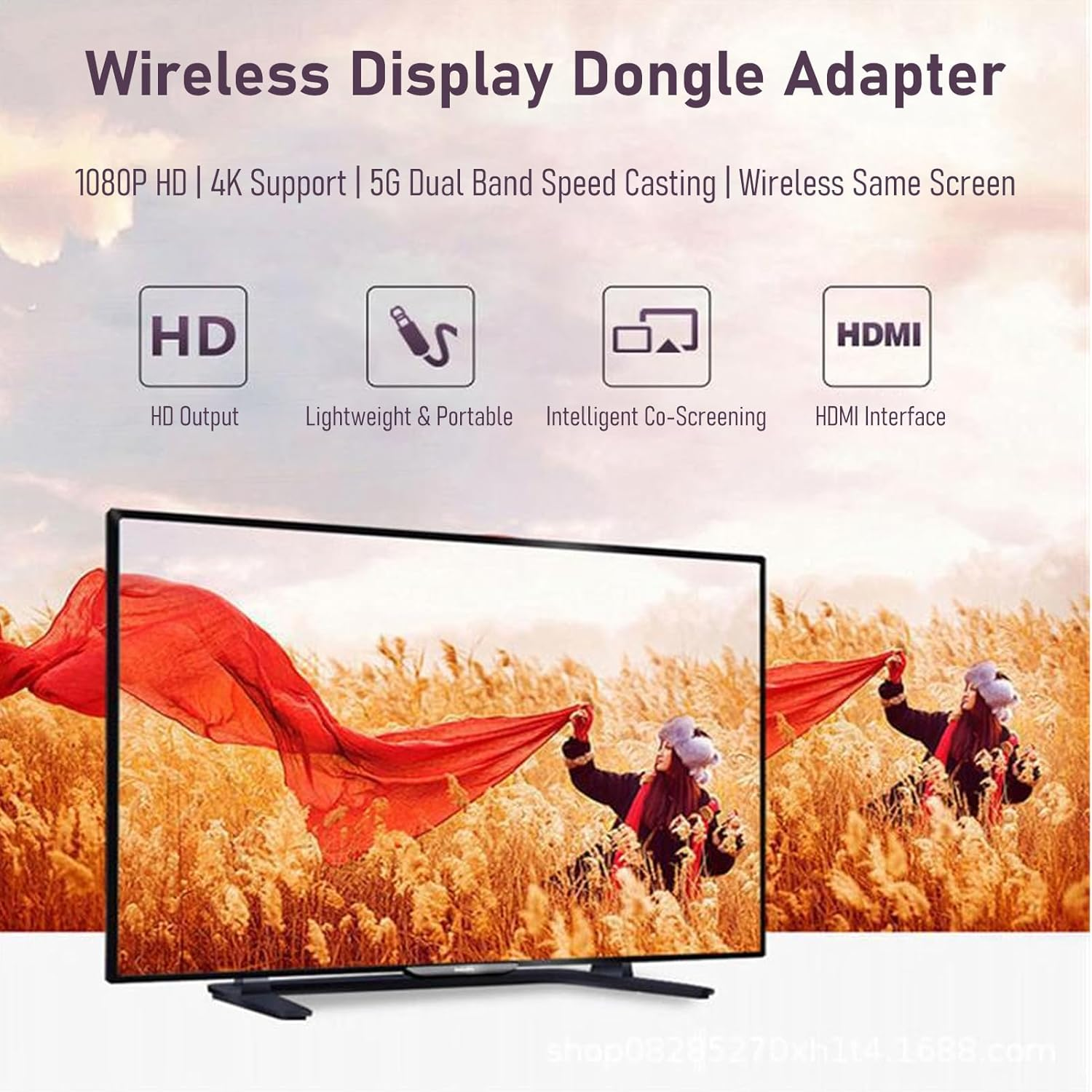 Wireless Display Dongle Adapter, 4K Wireless Display Adapter Streaming Media Video Sound File for Phone Tablet Laptop Projector Monitor