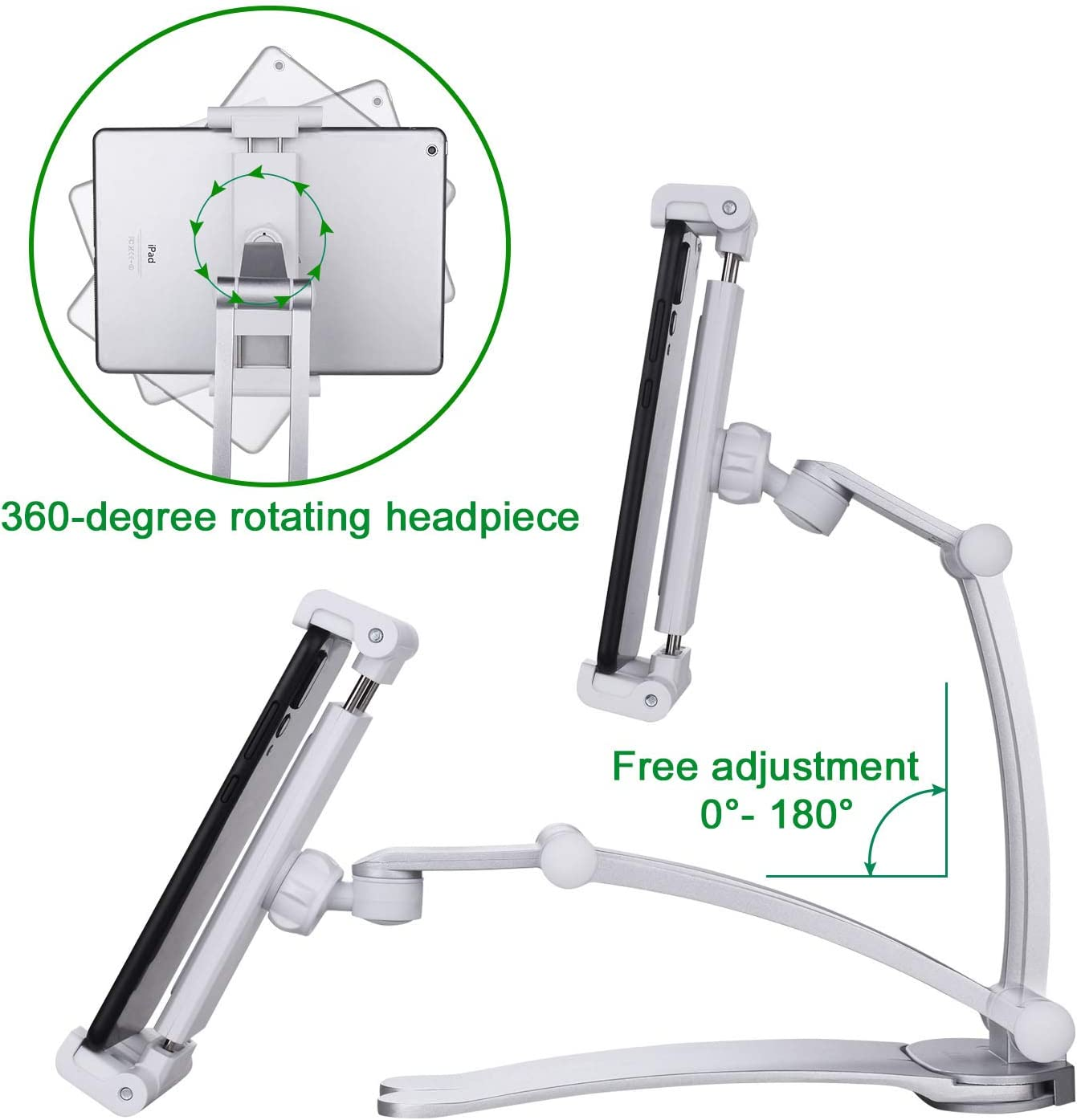 Cenawin Adjustable Tablet Stand - Universal Tablet Holder, Kitchen Tablet Wall Mount, Desktop Stand Dock with Aluminum Arm Compatible for 5-12.9 Inch Ipad, Ipad Pro/Air/Mini, Iphone 12/Max Pro, Switch image number 4