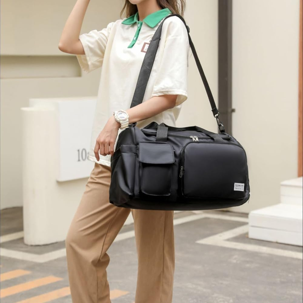 Travel Duffel Bag,Foldable Sports Gym Bag Dry Wet Separated Sport Duffle Bags Yoga Bag,Carry on Bag with Shoe Compartment Travel Weekender Bag(Black) image number 3