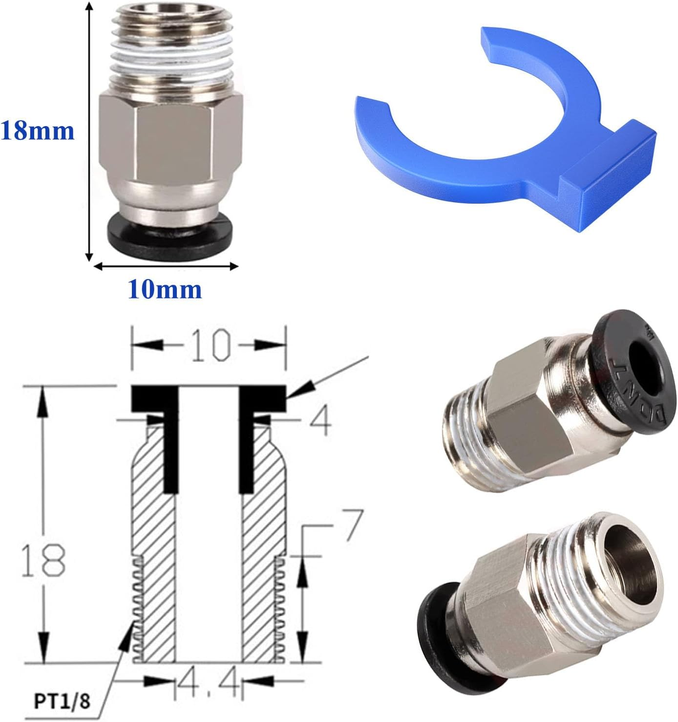 PC4-M10 Male Straight Pneumatic - PTFE Tube Push in Quick Fitting Connector for E3D-V6 Long-Distance Bowden Extruder 3D Printer with Circlip (10Pcs in Total) image number 6