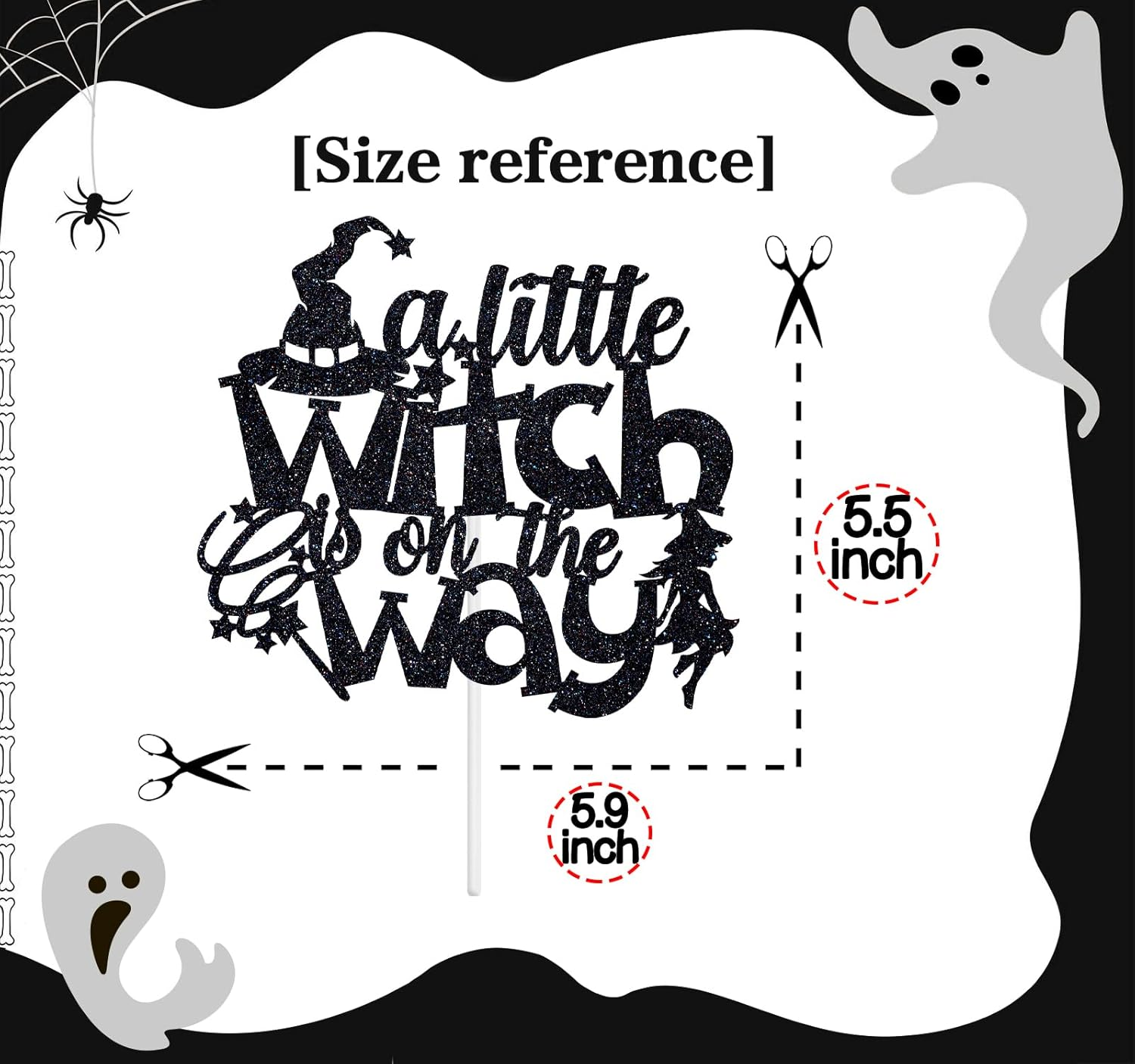 A Little Witch Is on the Way Cake Topper, a Little Boo Is Almost Due Cake D&eacute;cor, Halloween Baby Shower/Gender Reveal/First Birthday Party Decorations Supplies, Black Glitter