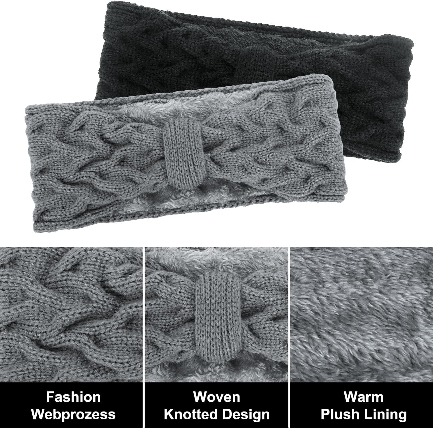 Estefanlo Women'S Winter Headbands, Pack of 2, Knitted Lined with Fleece, Ear Warmers, Headband, Hair Band, Thick for Women and Girls (Black + Grey) image number 4