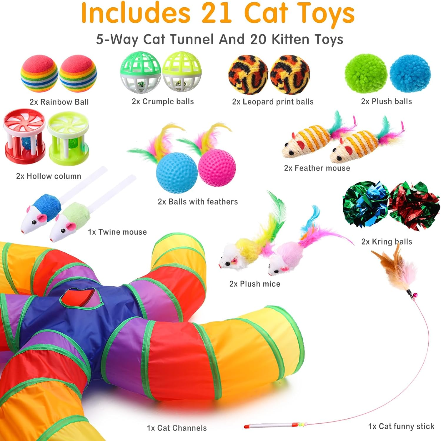 Poen 21 Pcs Cat Tunnel for Indoor Cats Set Collapsible 5 Way Cat Tubes with 20 Pcs Cat Toys Kitten Toys Interactive Cat Feather Toy Mouse Crinkle Balls Cat Tube for Puppy Kitten Rabbit(Colorful) image number 4