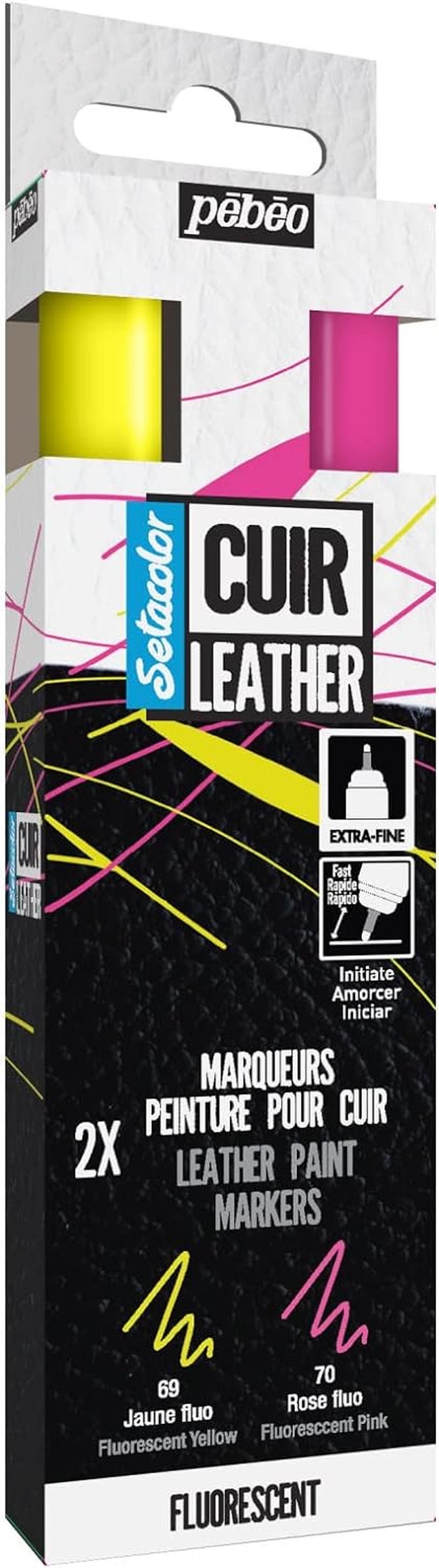 Pebeo Water-Based Acrylic Markers, for Customizing and Repairing Leather and Synthetic Leather Products, Setacolor Leather Markers, Primary Colors (Red, Blue, Yellow, White, Black) Set of 5 Colors