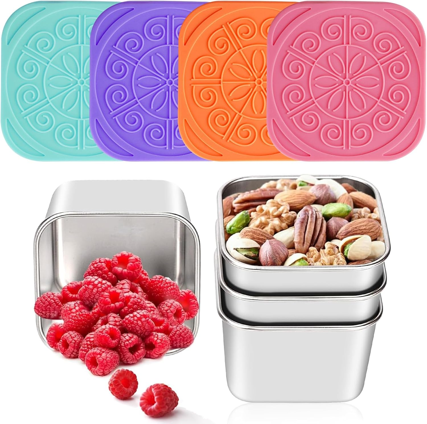 4 Pcs Stainless Steel Snack Containers, Snack Box, Metal Food Storage Containers with Colored Lids, Easy Open Stackable Small Lunch Box for Lunch, Travel, Parties(Color:Colorful)