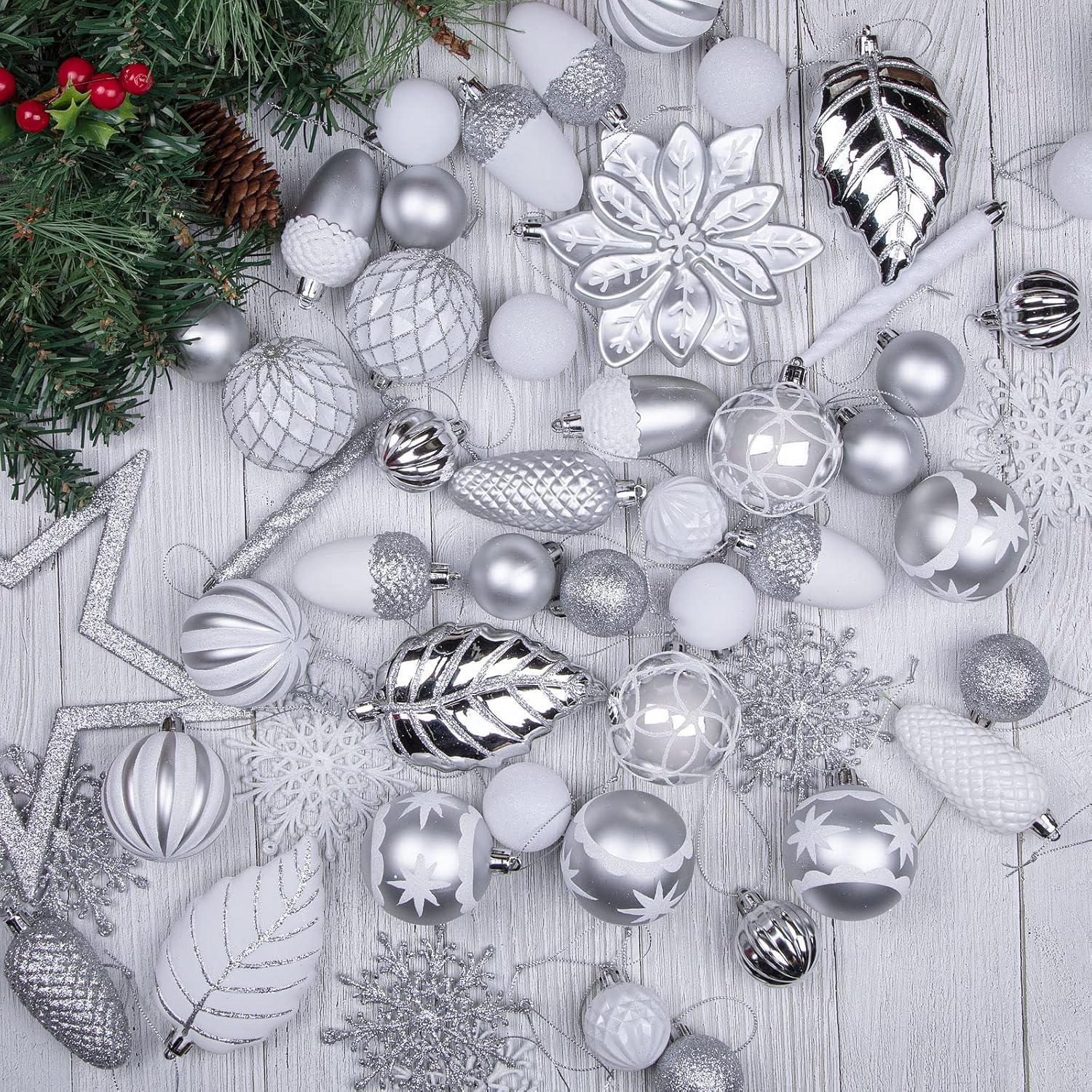 Shareconn 106PCS Christmas Balls Ornaments Set, Colorful Shatterproof Plastic Decorative Baubles for Xmas Tree Decor, Holiday, New Year, Wedding Party Decoration with Hooks Included, White &Silver