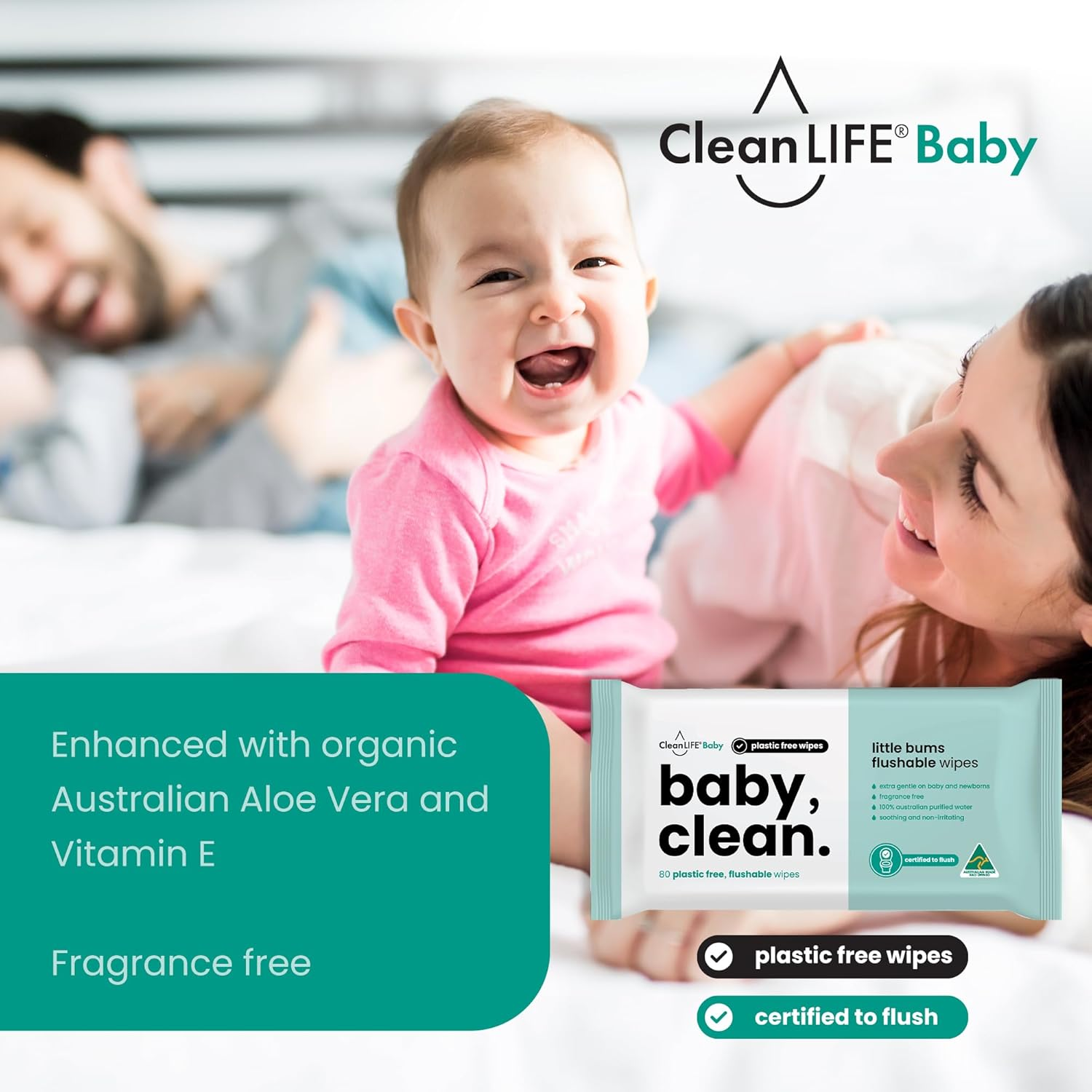 Cleanlife Flushable Biodegradable Aloe Vera Baby Wet Wipes - Fragrance Free, Hypoallergenic, 100% Plant Based, Unscented, Sensitive Skin, Nappy Change, Septic Safe, 80 Wipes, 12Packs image number 1