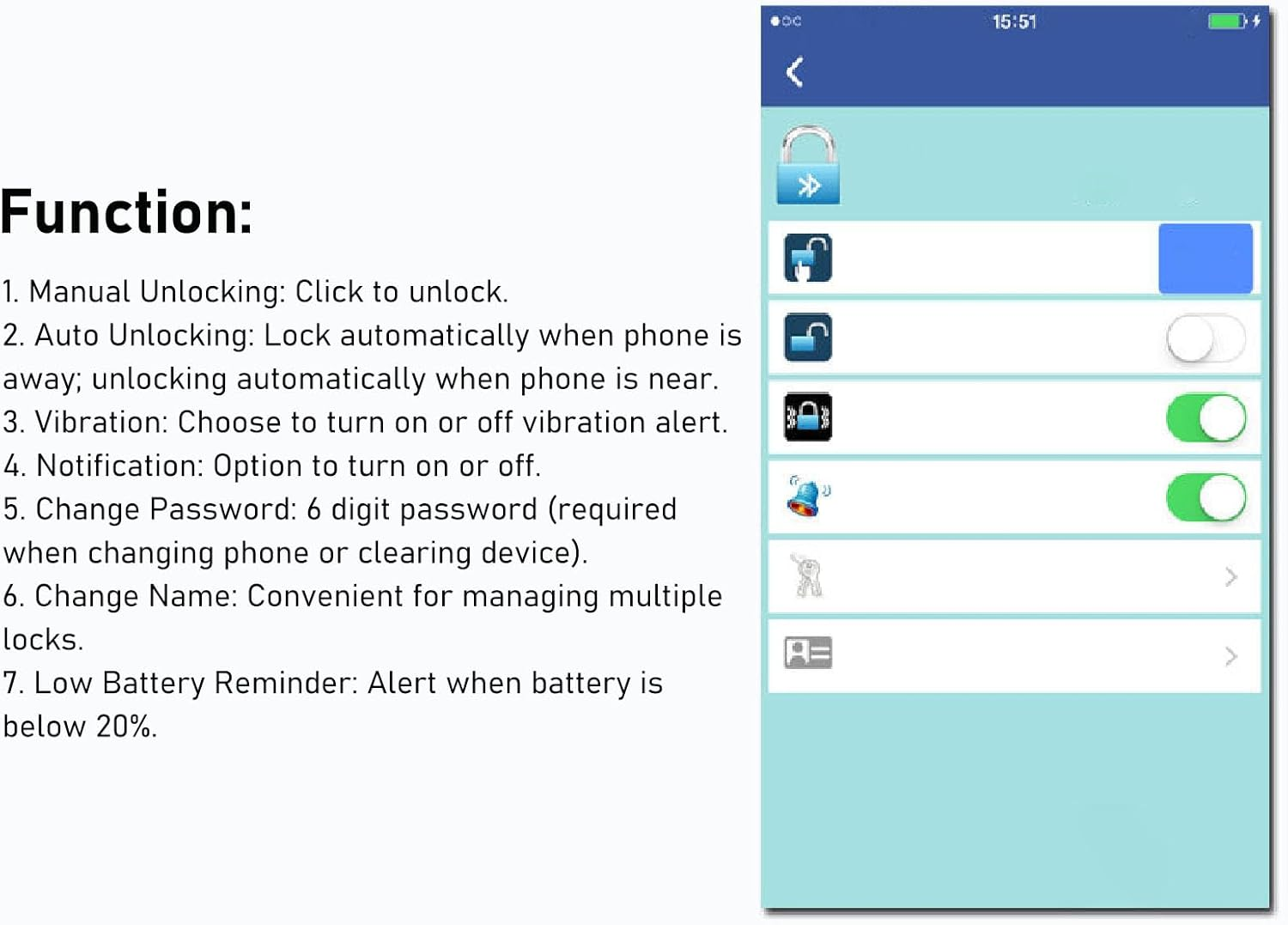 Bluetooth Chain Lock, APP Control Bike Lock with Vibration Alarm Function, Waterproof Keyless Lock, Anti-Theft, Smart Chain Lock for Bike, Motorcycle, Door & Gate (Blue) - Red image number 5