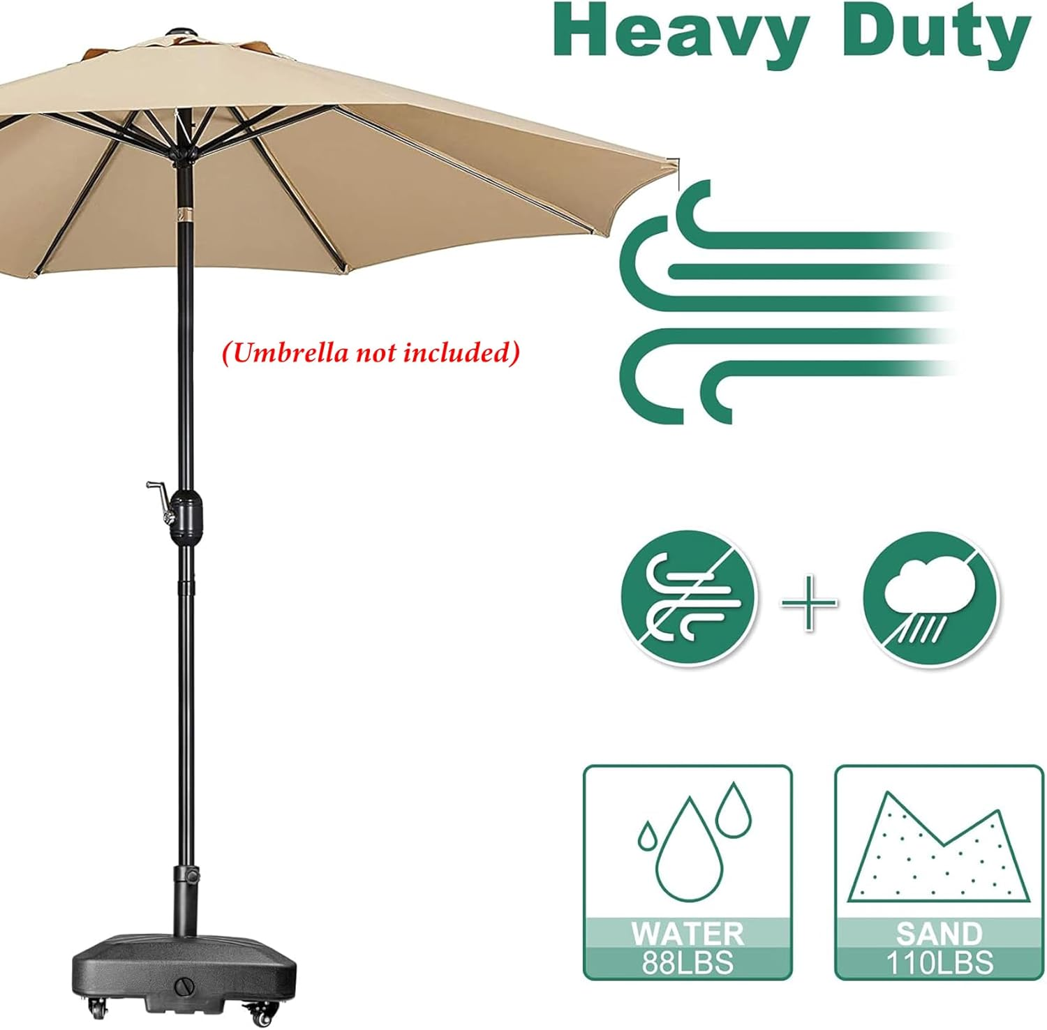 Umbrella Base with Wheels, Market Umbrella Stand for Outdoor Patio Deck Poolside Garden, 35Kg Capacity, 48 * 48 * 39Cm Black image number 6