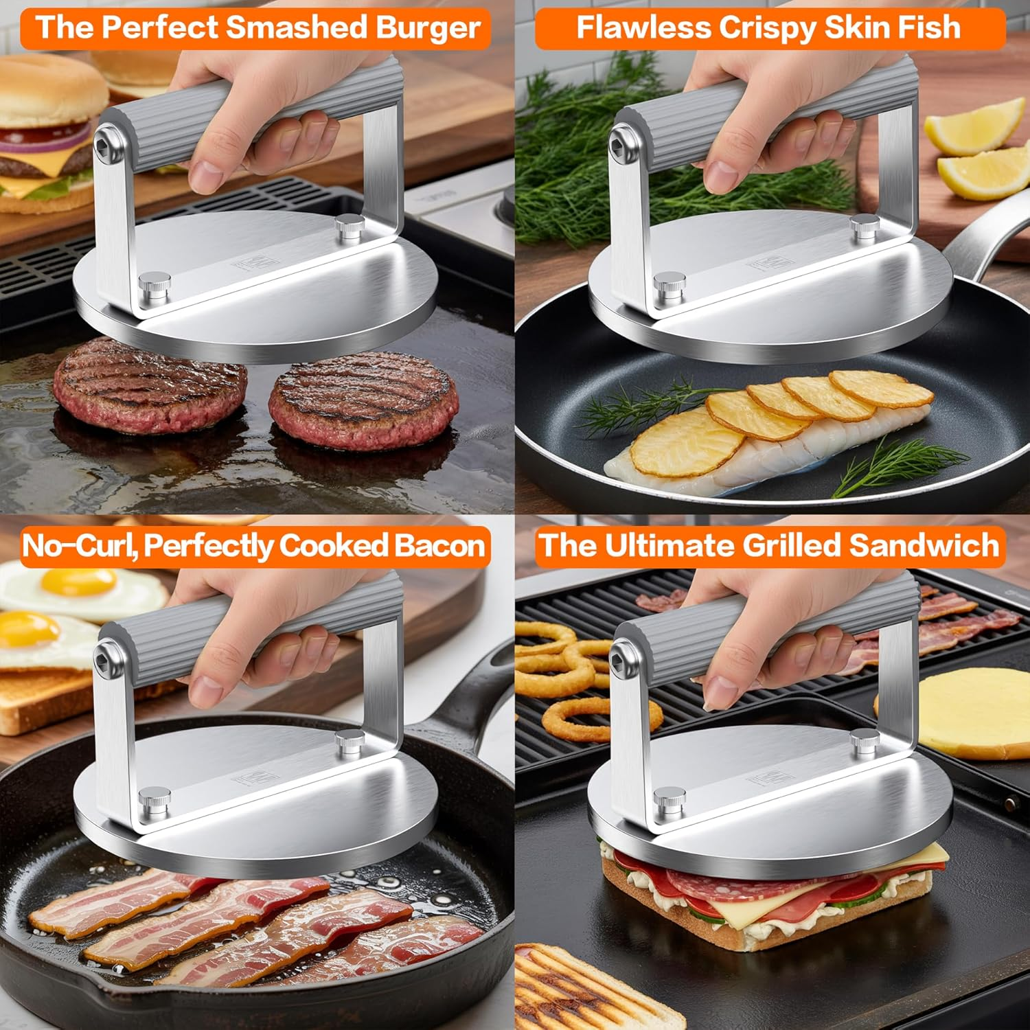 The Artisan Sear Press by QAP | Heavy Duty 1.95Kg Stainless Steel Grill Press for Smashed Burgers, Steak & Bacon | with Forge-Proof Flame-Retardant Handle | 163Mm round BBQ Hot Plate Accessory/Bp1-01