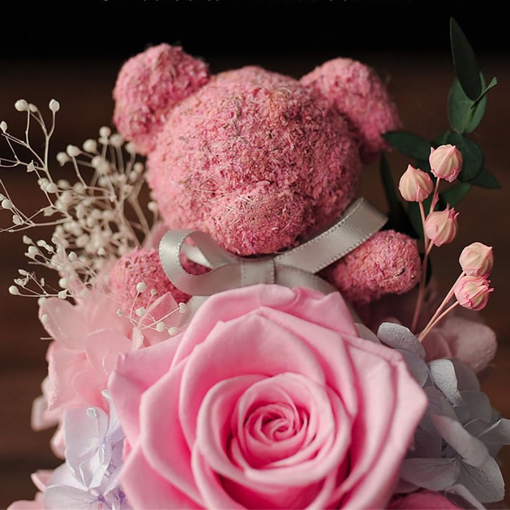 Pink Eternal Rose in Glass Dome with Moss Bear | Romantic Valentine'S Her | Long-Lasting Floral Arrangement | Home Decor with Warm Night Light (Pink) image number 4