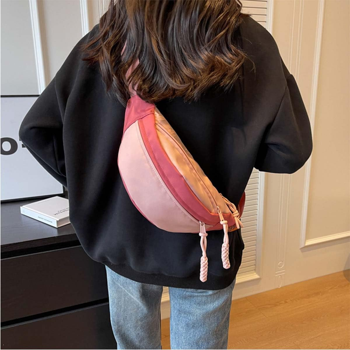 Men and Women'S Oxford Belt Bag Shoulder Bag with Adjustable Shoulder Strap and Zipper Pockets for School and Travel - Pink