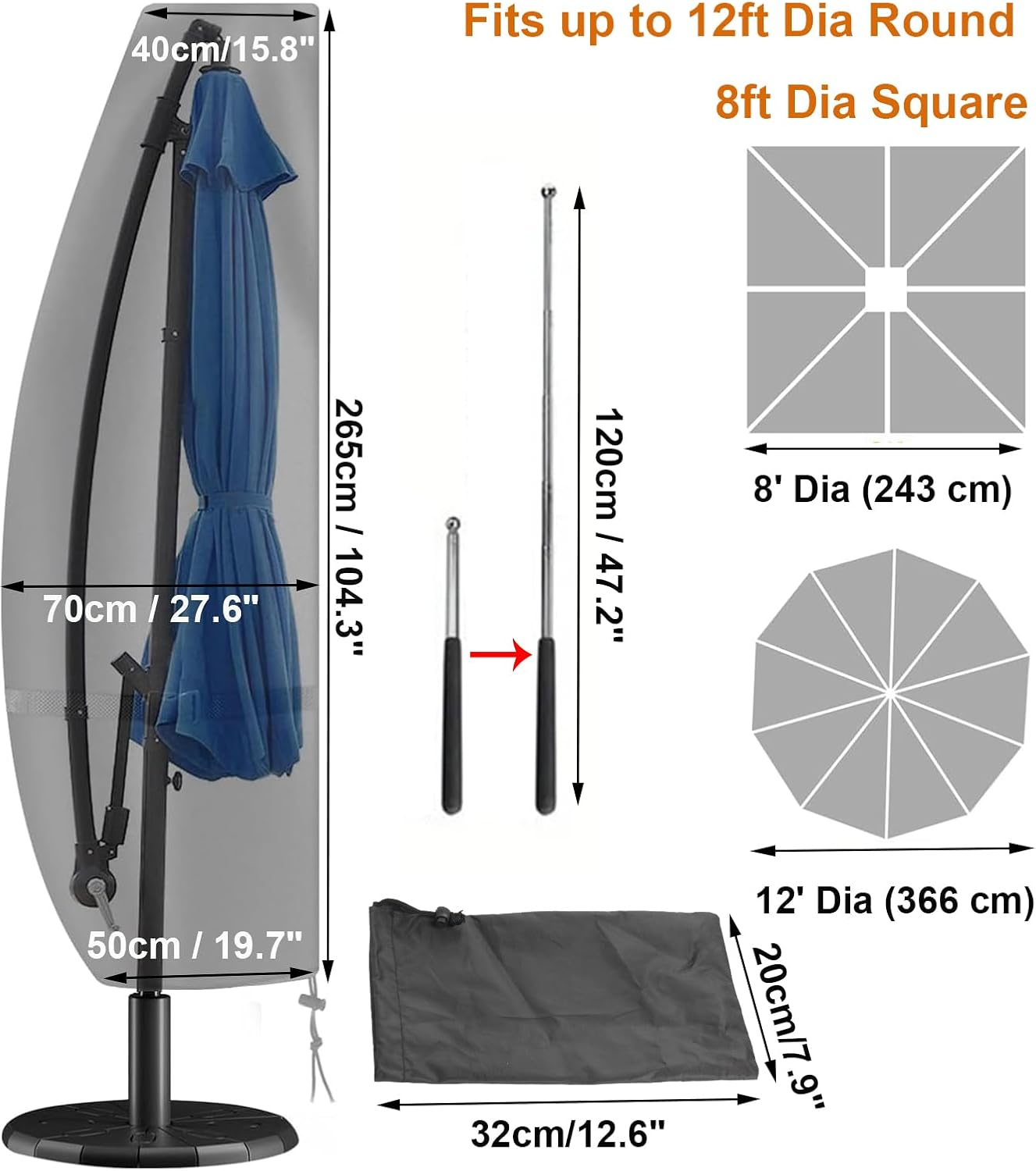 Umbrella Cover Waterproof Patio Offset Umbrella Cover Cantilever Outdoor Umbrellas Cover Parasol Covers with Zipper Fits for 8Ft to 12Ft Outdoor Umbrellas, Parasol Cover with Zip Shrink Drawstring image number 1