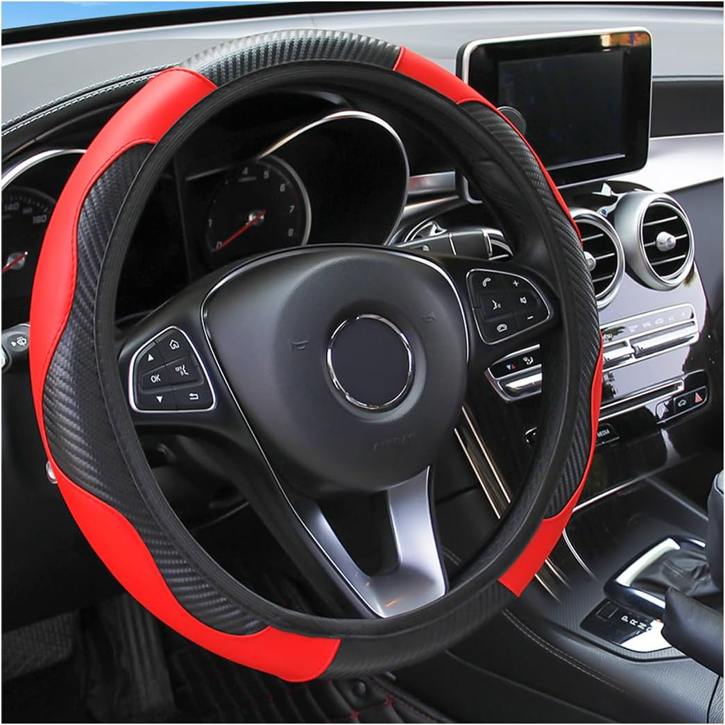 Car Steering Wheel Cover, 15 Inch Carbon Fiber Microfiber PU Leather Elastic Steering Wheel Protector for Men Women, Anti-Slip Breathable Car Interior Accessories for Most Cars (Red) image number 3