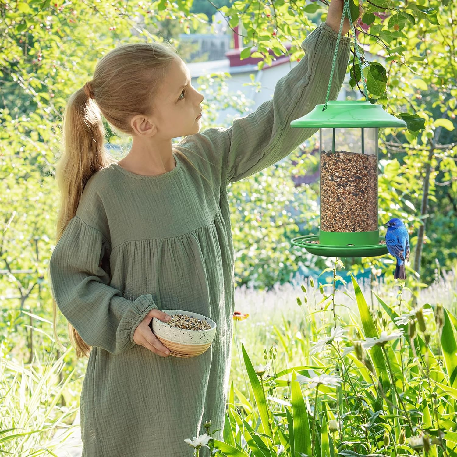 Bird Feeders Outdoors Hanging Metal: Wild Squirrel Proof Birdfeeder Waterproof - Rainproof Resistant Sunflower Seed Cardinal Birdfeeders Green image number 3