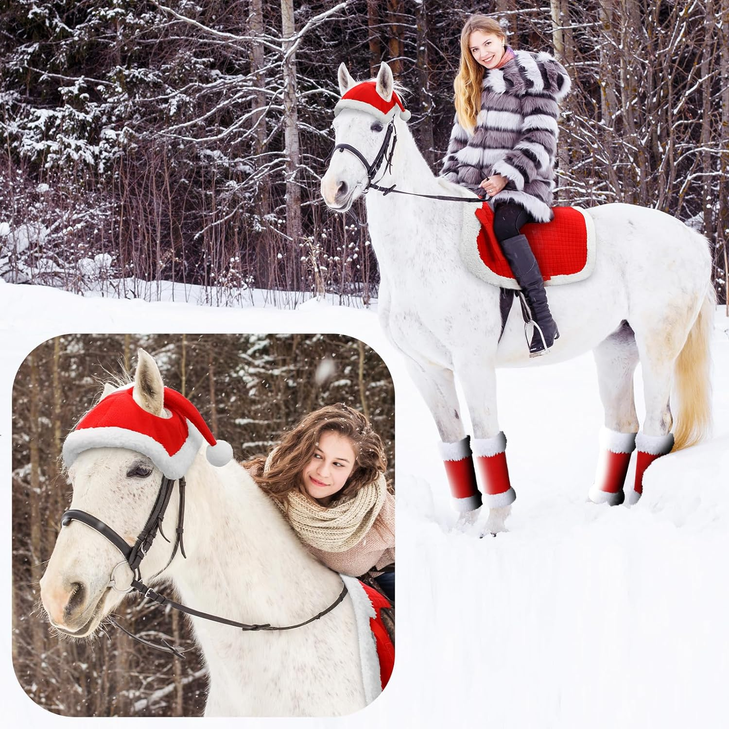 Abbylike 6 Pcs Christmas Holiday Santa Leg Wraps with Faux Fur Trim Holiday Santa Horse Hat All Purpose Santa Saddle Pad for Christmas Horse Costume Accessories image number 4