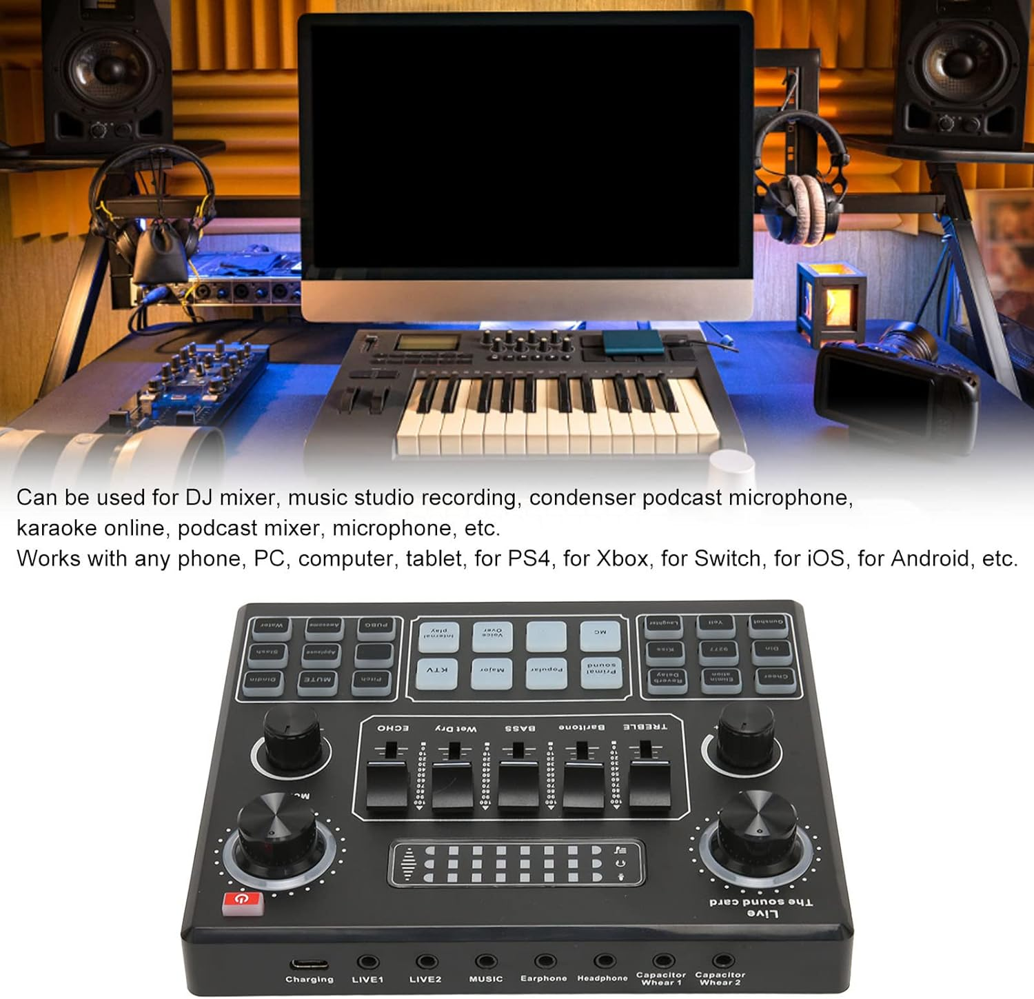 Live Sound Card Kit,Multiple Sound Effects Voice Changing Live Sound Card,For Phone, PC, Computer, Tablet, for PS4, For, External Mini Sound Mixer Board image number 1