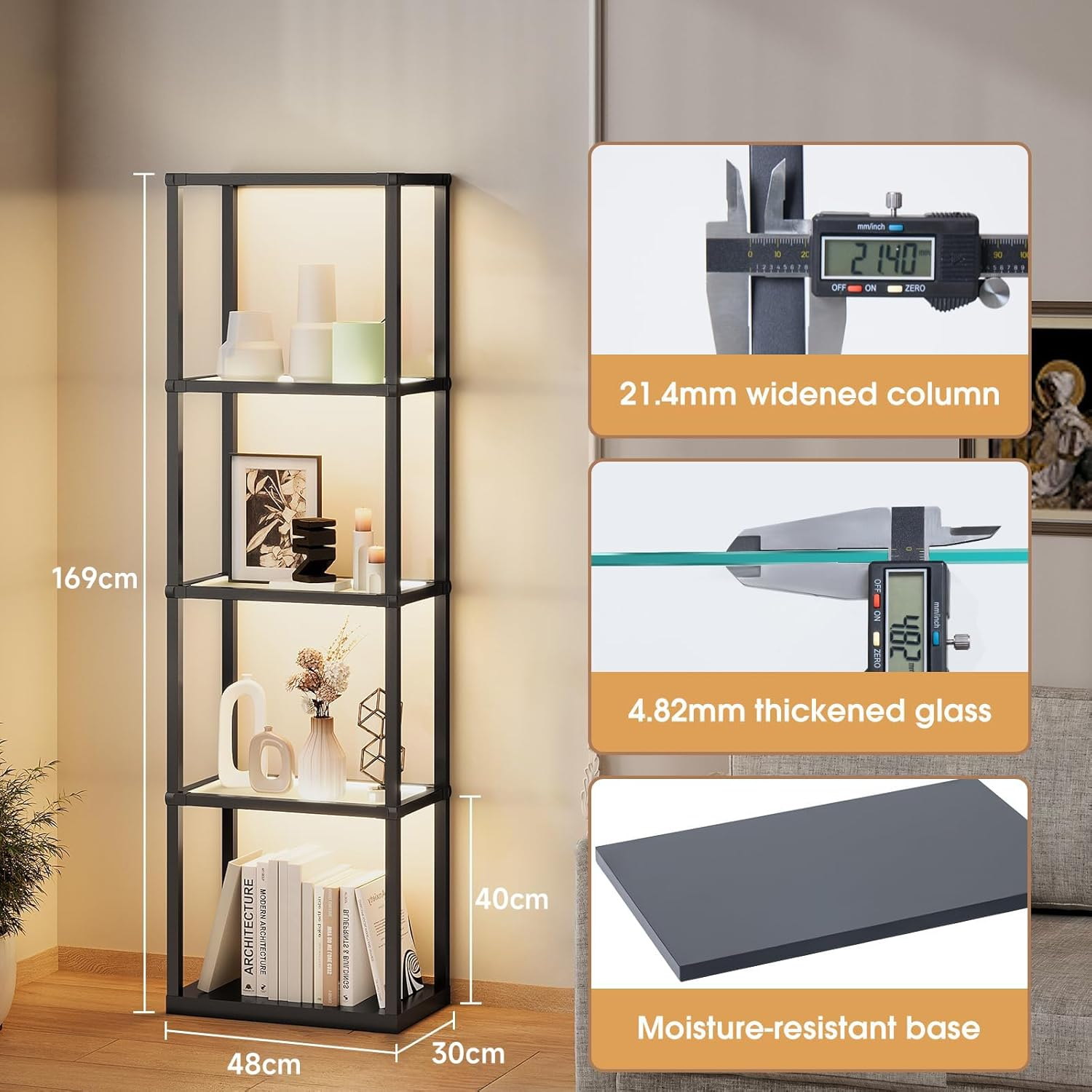 Display Shelf with Light, 5-Tier Tall Display Shelf with Dimmable LED Floor Lamp, 169Cm Floor Lamp with Shelves, Glass Display Shelves for Bedroom Decor