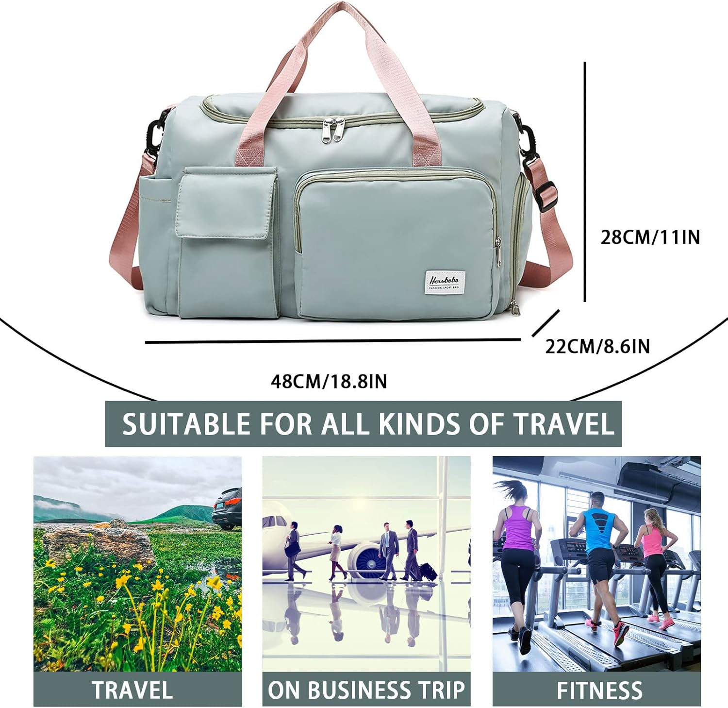 Gym Duffle Bag with Shoe Compartment Wet Pocket, Weekender Travel Bag with Shoulder Straps, Waterproof Sports Duffle Bag for Men Women, Lightweight Carry on Gym Bag (Green) - Blue image number 7