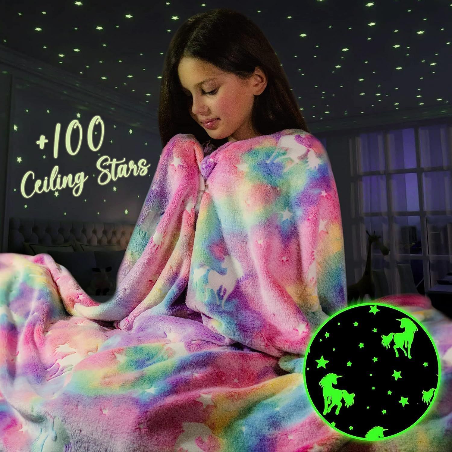 Big Size Unicorn Glow in the Dark Blanket for Kids - Rainbow Blankets for Girls - Super Soft Fuzzy Throw Blankets for Teen Girls Plush Fleece Pink Glow in the Dark Blanket for Kids 130 X 170 Cm image number 2
