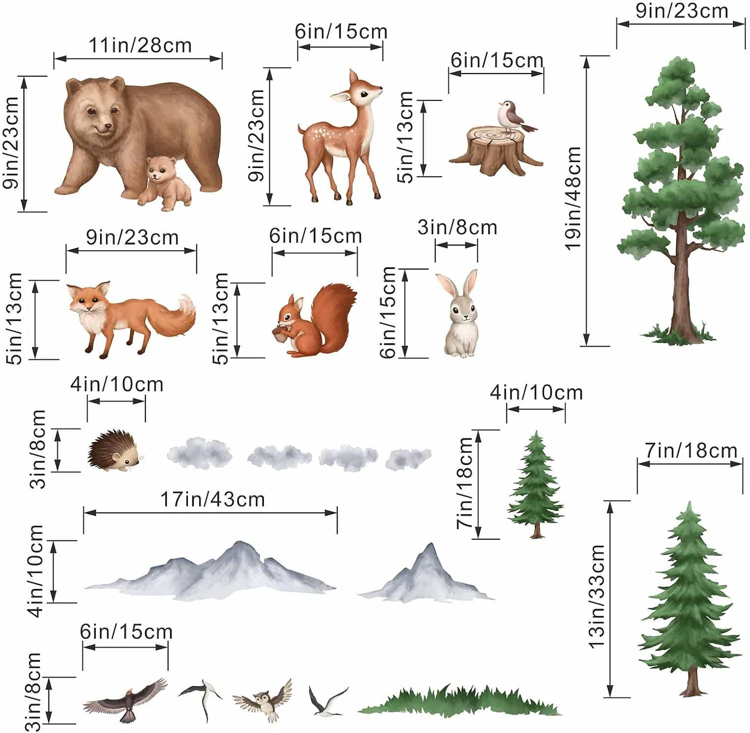 Woodland Animals Wall Stickers - Bear Fox Squirrel Birds Deer Rabbit Baby Nursery Wall Decals - Kids Bedroom Daycare Playroom Classroom Wall Decor image number 2