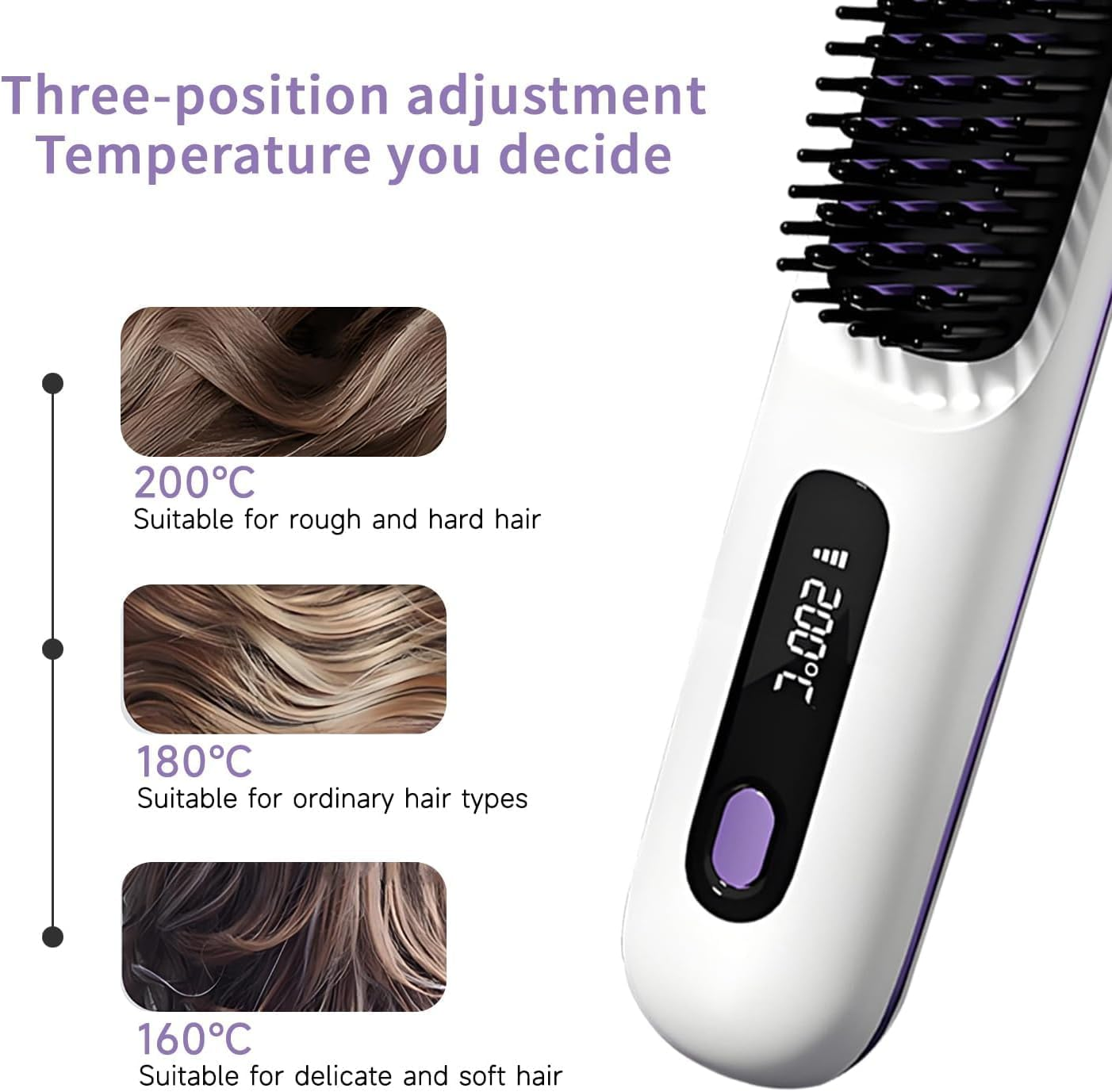 QUMOX Cordless Hair Straightener Brush, Portable Straightening Brush for Travel, Mini Hot Ionic Straightener Comb for Women, Ceramic Coating, Lightweight for Touch-Ups, White (Charger Not Included) image number 3