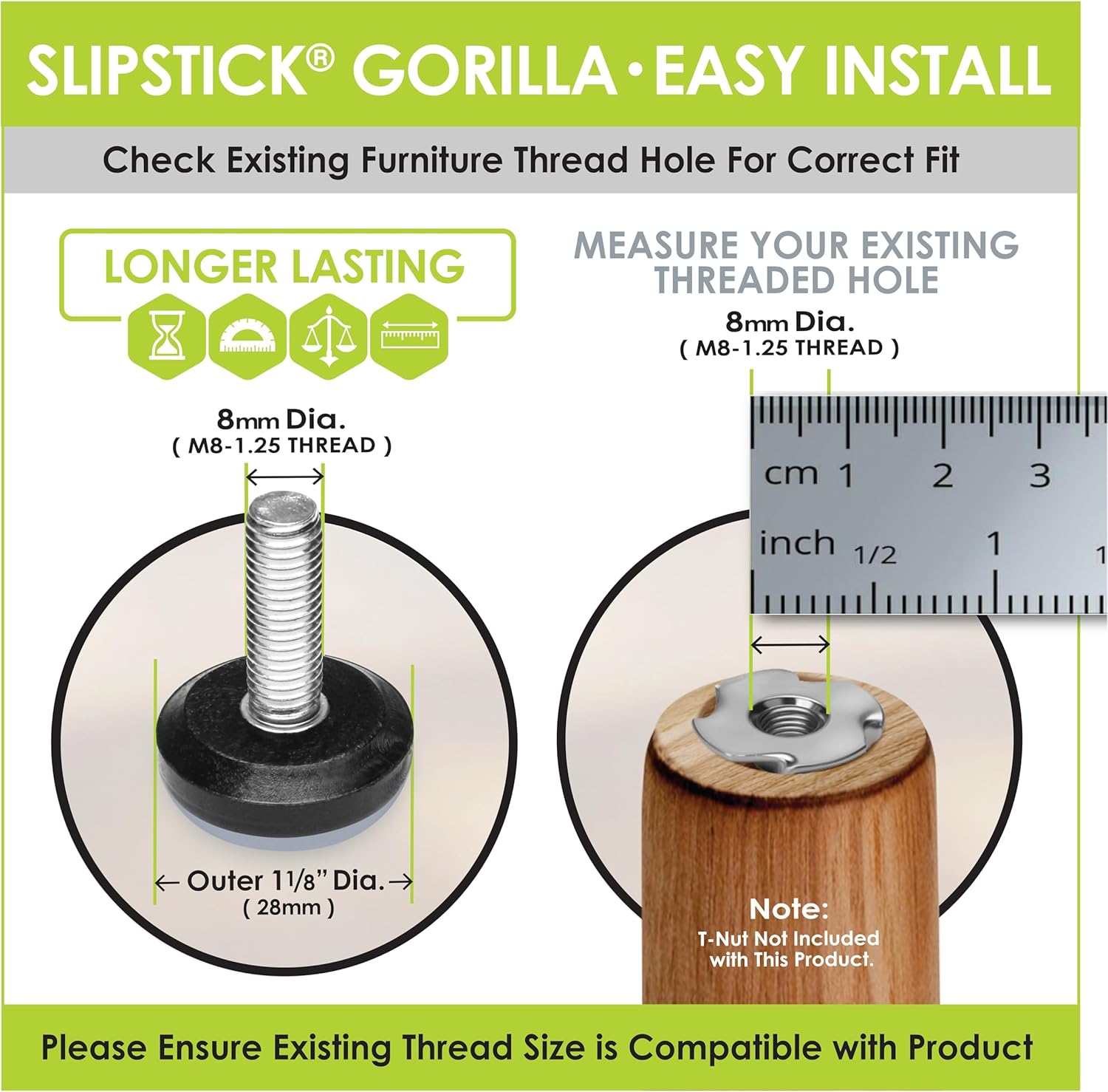 Slipstick Gorilla Outdoor Adjustable Furniture Levelers (8 Pack) Weatherproof Screw in Leg Glides for Chairs, Tables, and Outdoor Furniture Feet, 28Mm Slider Glide, M8 Thread image number 2