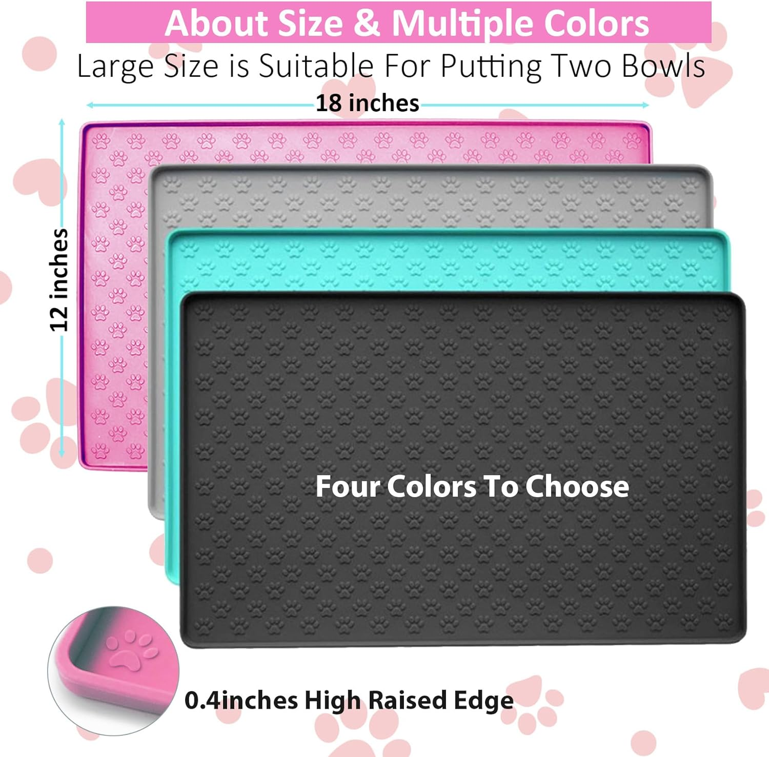 Silicone Waterproof Pet Feeding Mats, Food Mats, Pet Placemat for Dog and Cat, Mat for Prevent Food and Water Overflow, Non Slip, Washable, Easy Clean, Paw Pattern(Grey)