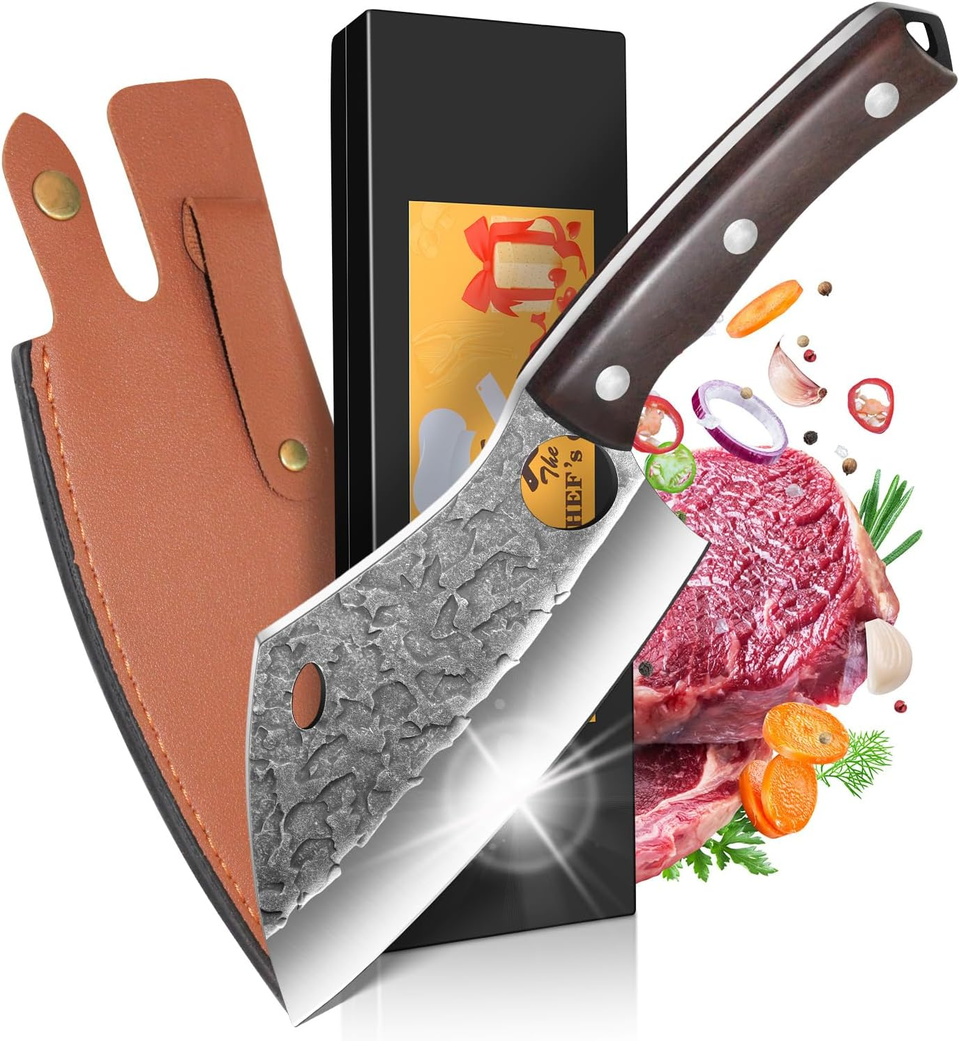 Boning Knife - Uniquefire 6 Inch Butcher Knife, Hammered Forged Chef Cleaver, Handmade Serbian Knife, Full Tang Kitchen Knife, High Carbon Blade Knife with Sheath for Hunting, BBQ, Camping image number 1