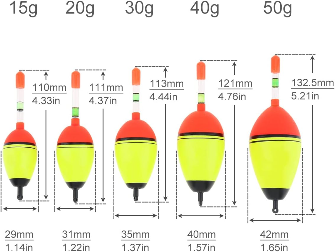 Origlam 5Pcs EVA Foam Floats Fishing Bobbers, Fishing Floats Fishing Bobbers, Bobbers Fishing Floats Set 15G 20G 30G 40G 50G for Crappie Pike Perch Carp Bass