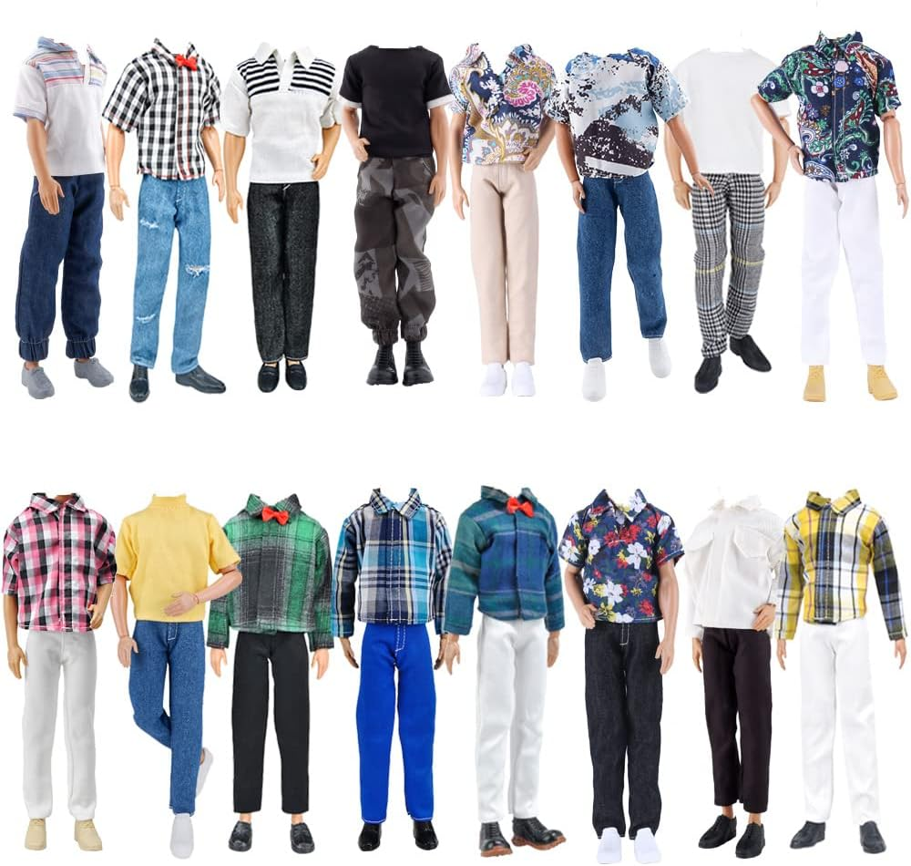 E-TING 10-Item Trench Coat Dating Clothes Pack = 5 Sets Fashion Casual Wear Clothing Outfit +5 Pairs Shoes for 12" Dolls (Random Style, Khaki Long Jacket Overcoat + Casual Wear +Swim Trunks)