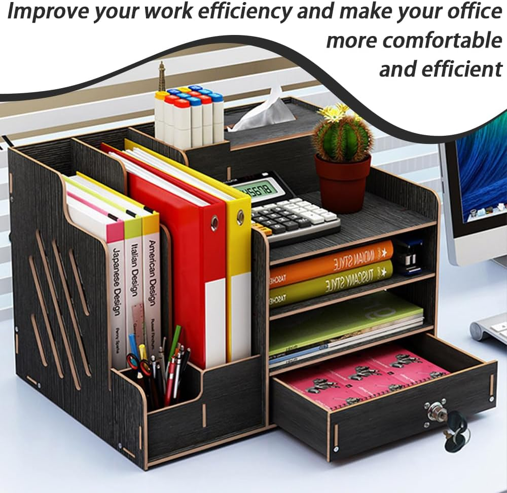 TOMVAES Wooden Desk Organizer with 3 Trays, File and Paper Organizer, Office Supplies Tray and Pen Holder for School Home (Black) image number 3