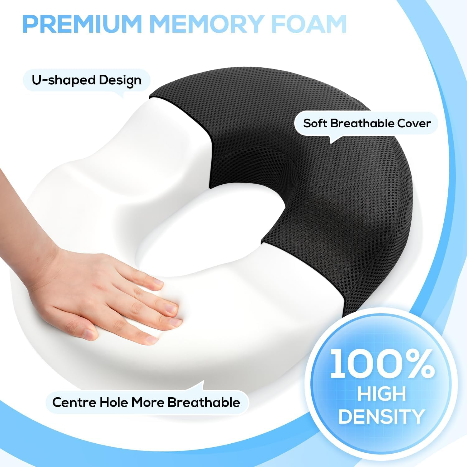 Donut Seat Cushion for Tailbone Pain & Hemorrhoids - Ergonomic Office/Car/Chair Pillow, Coccyx Support, Postpartum & Sciatica Relief, Memory Foam, Black (43X35X7Cm) image number 2