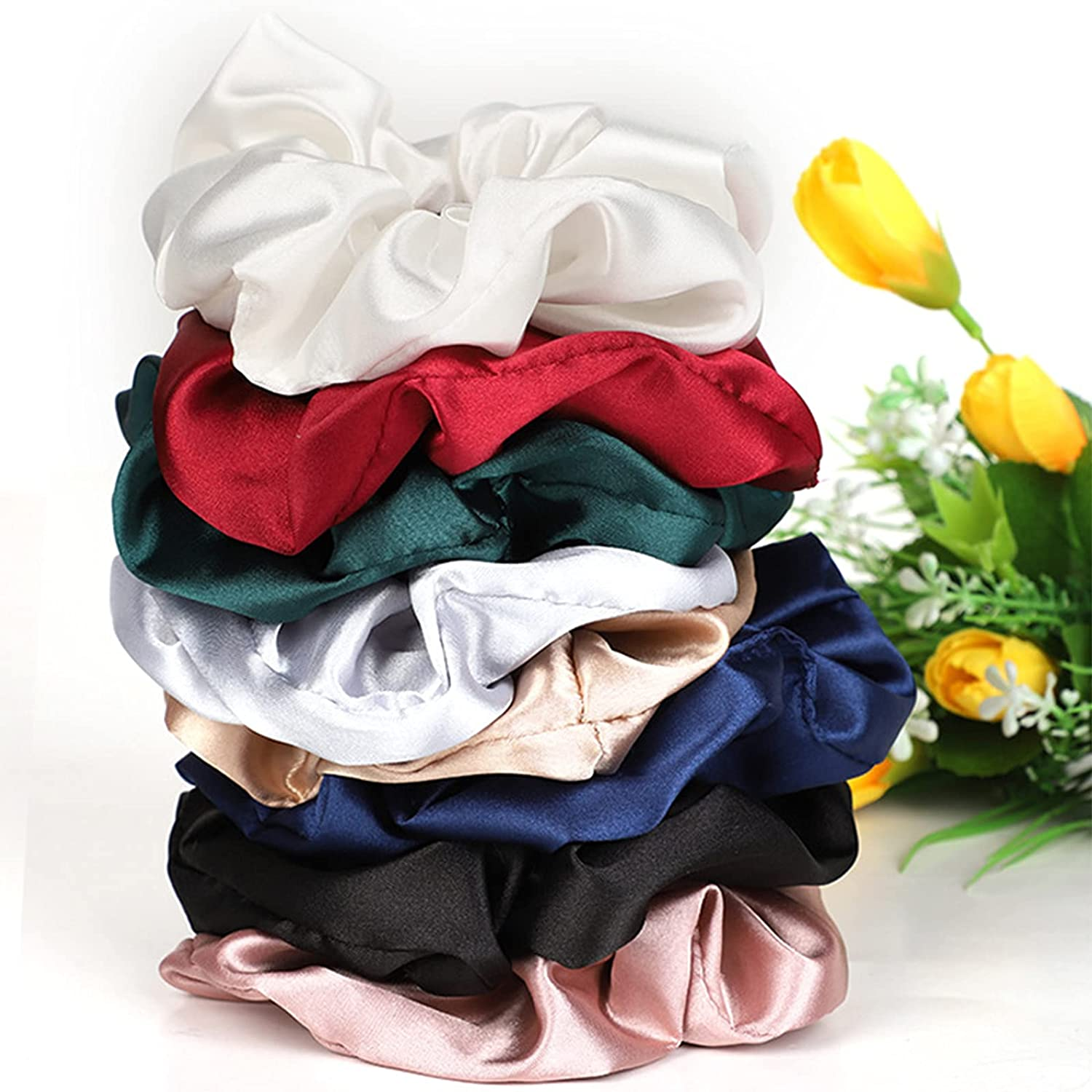 8 Pack - Silk Hair Scrunchies Set, MH MOIHSING Elastic Hair Bands Soft Hair Ties Large Ponytail Holder Bands 100% Silk Elastic Hair Bobbles Scrunchies for Women, Girls, Ladies Hair Accessories image number 1