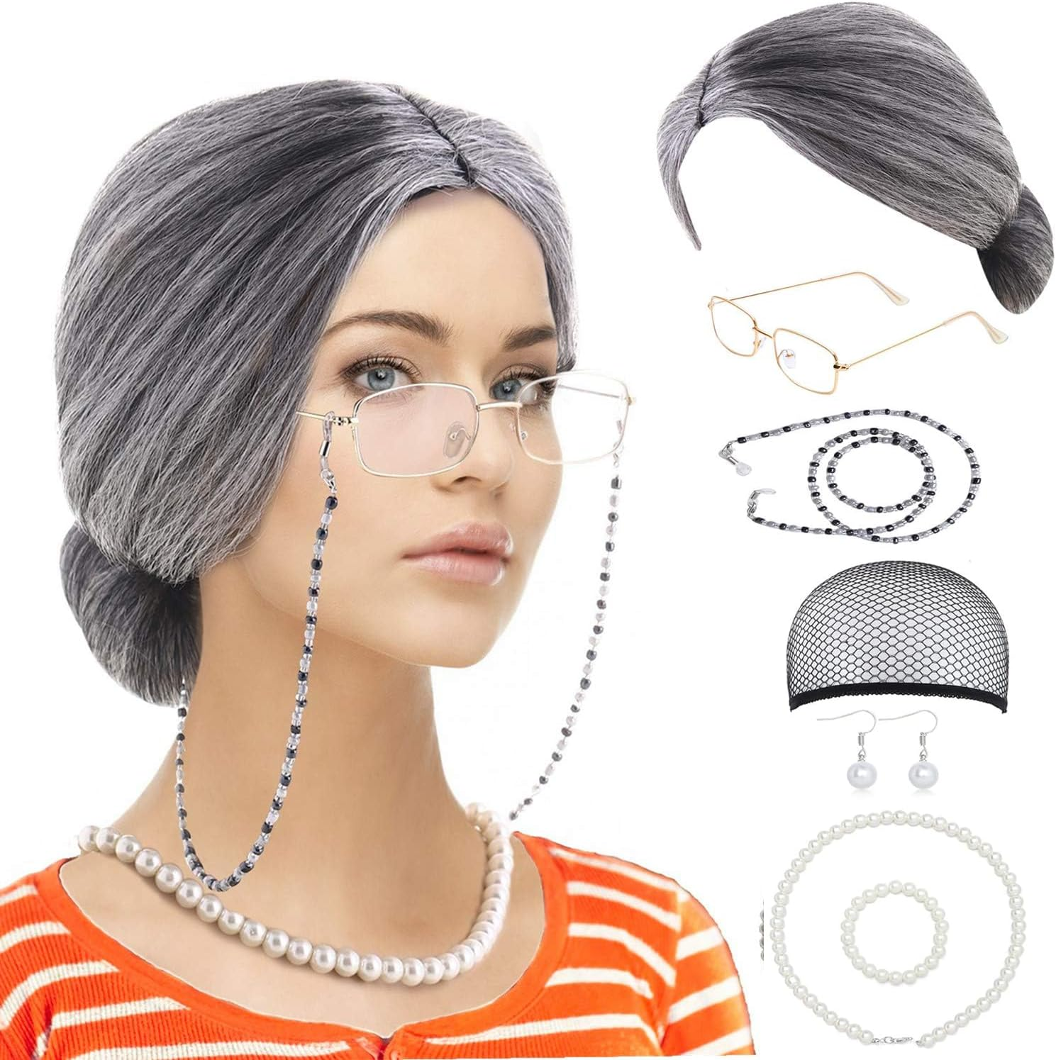 Old Lady Cosplay Set, Grandmother Wig, Wig Cap, Granny Glasses, Eyeglass Chains, Faux Pearl Necklace and Bracelet for Kid Women Halloween Dress up Party image number 2