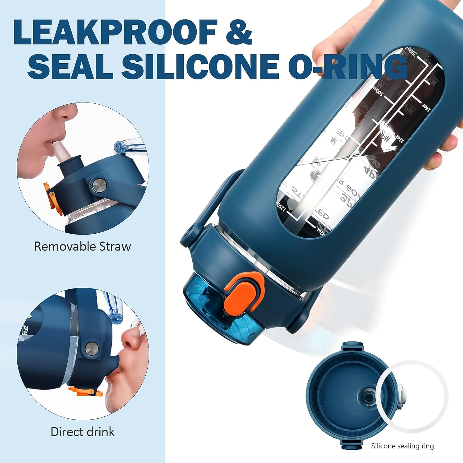 Kytffu 64Oz Glass Water Bottles with Straw, Half Gallon Motivational Glass Bottle with Silicone Sleeve and Time Marker, 2L Leakproof Large Glass Water Jug for Gym Home Office,Blue image number 3