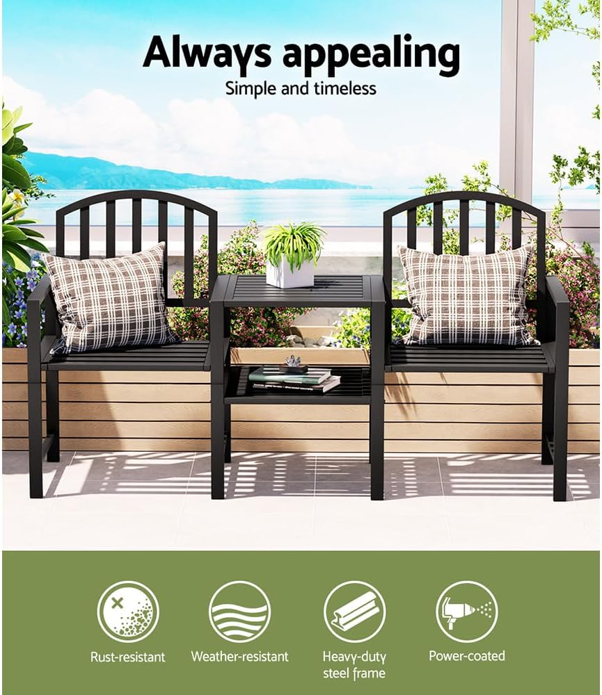 Gardeon Outdoor Garden Bench Seat, 2 Seater Steel Benches Lounge Chair Relax Patio Furniture Chairs Park Pool Backyard, with Folding Table Umbrella Hole Black image number 2