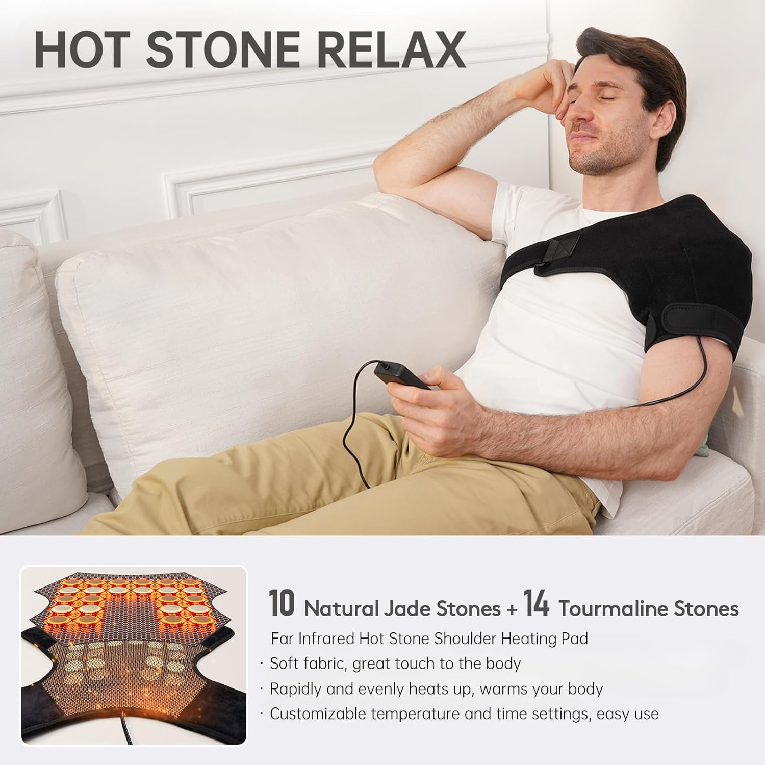 UTK Far Infrared Shoulder Heating Pads, Shoulder Wrap with Natural Jade, Auto Shut Off, Smart Controller, Larger Size Shoulder Straps Gifts for Men [ DC Converter & EMF Free] image number 6