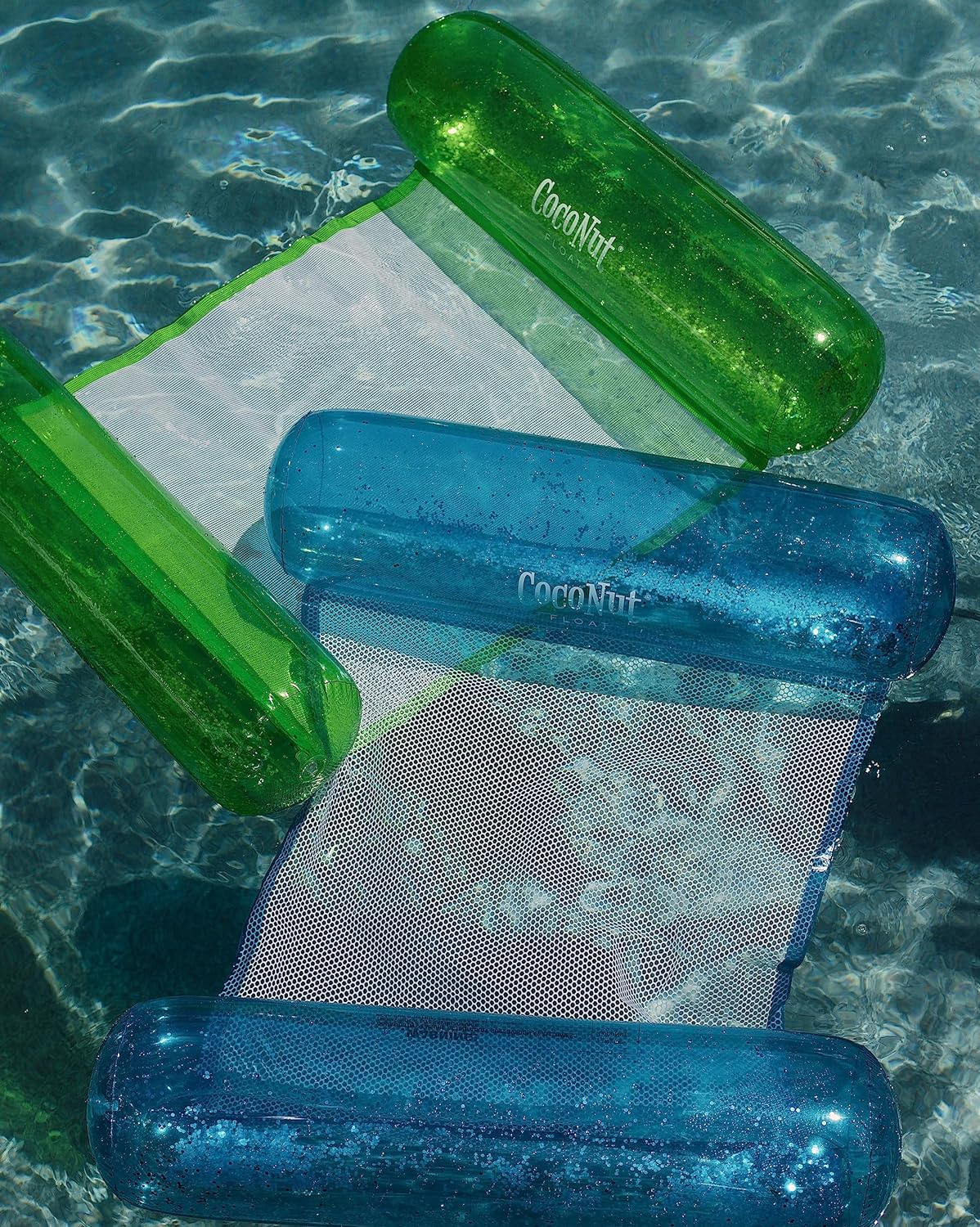 Coconut Float Glitter Hammock Pool Loungers - Adult Size Multi-Purpose Inflatable Drifter, Exercise Saddle & Lounge Chair - Versatile Ride-On for Summer & Swim Parties - Green Glitter Hammock image number 2