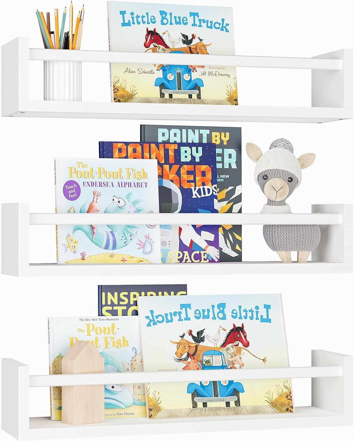 Floating Shelves, 16.5 Inch Nursery Shelves Set of 3, Wall Mounted Natural Solid Wood Kids Bookshelf, Baby Nursery Decor for Books Bedroom (White) image number 1