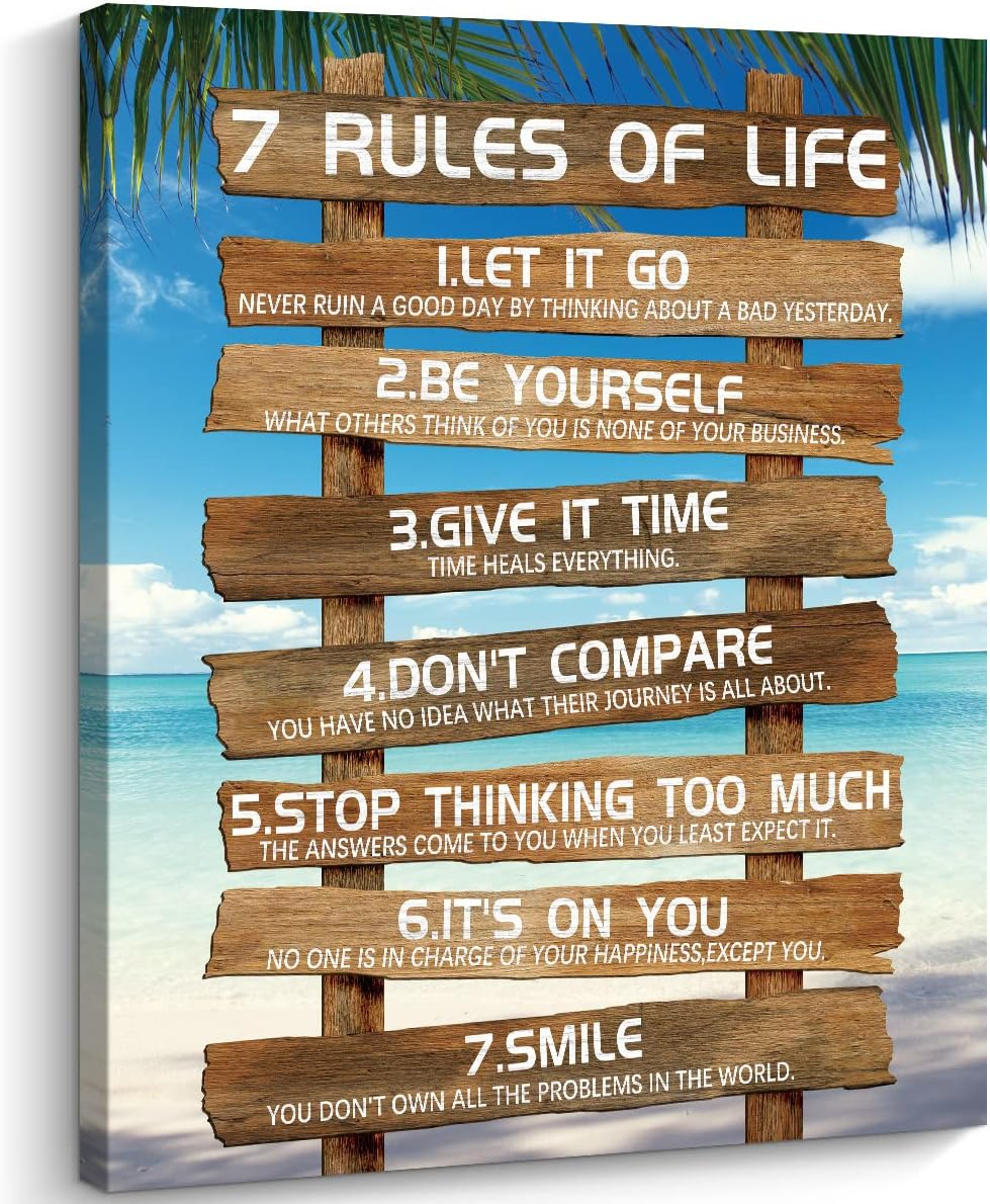 Kas Home Inspirational Wall Art - 7 Rules of Life Motivational Canvas Wall Decor Beach Positive Quotes Living Room Rustic Framed Art Gift for Bedroom Bathroom (12 X 15 Inch, Brown - 7 Rules)