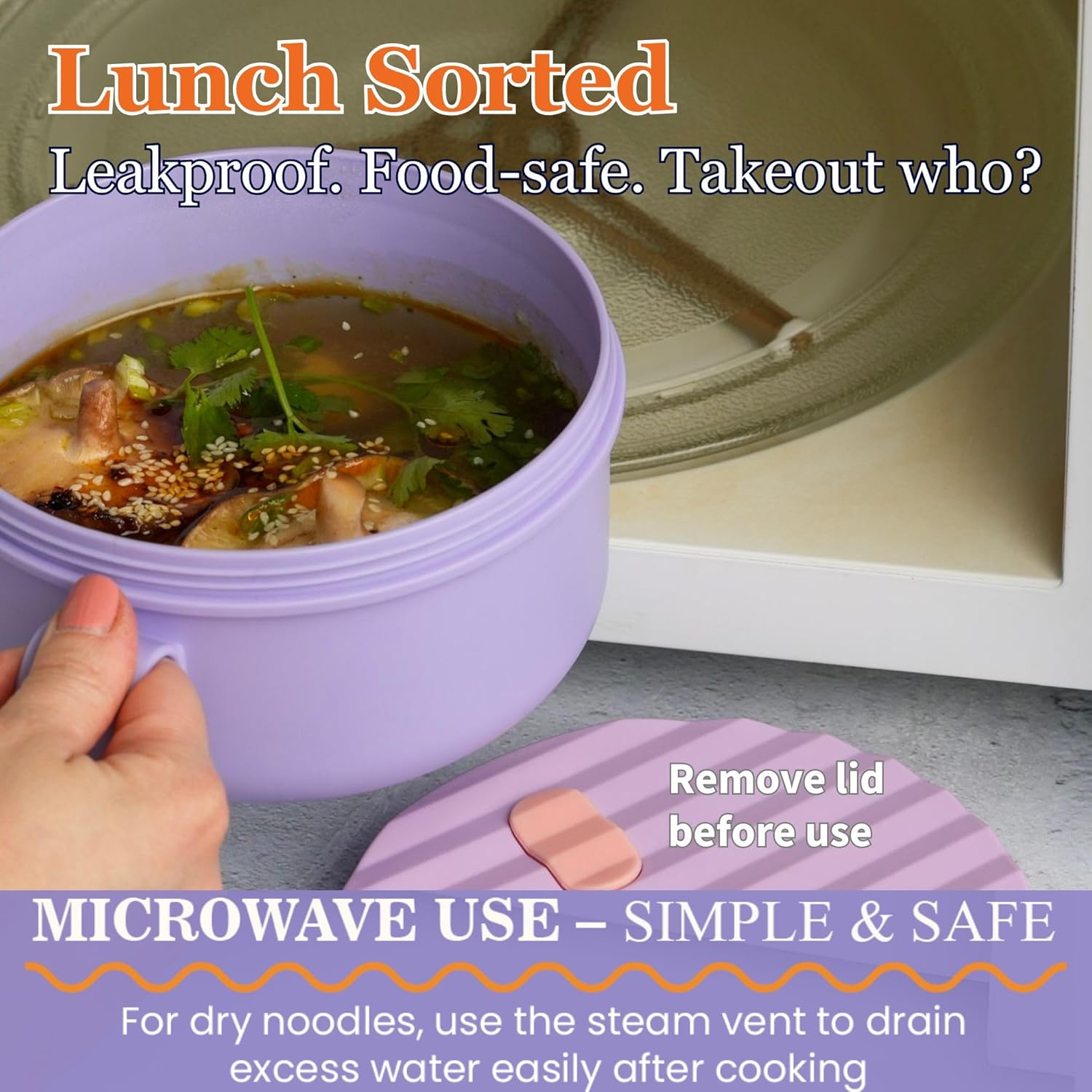 Ai Love Peace Ramen Bowl, 40 Oz Microwaveable Noodle Cooker for Ramen, Pho, Soup, and Pasta, Dishwasher Safe and Portable, Ideal for Home, Office, Dorm, or Gift (Purple) image number 2